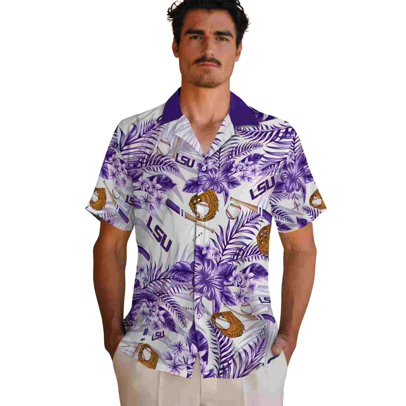 customized lsu tigers floral baseball purple white hawaiian shirt fashion forward