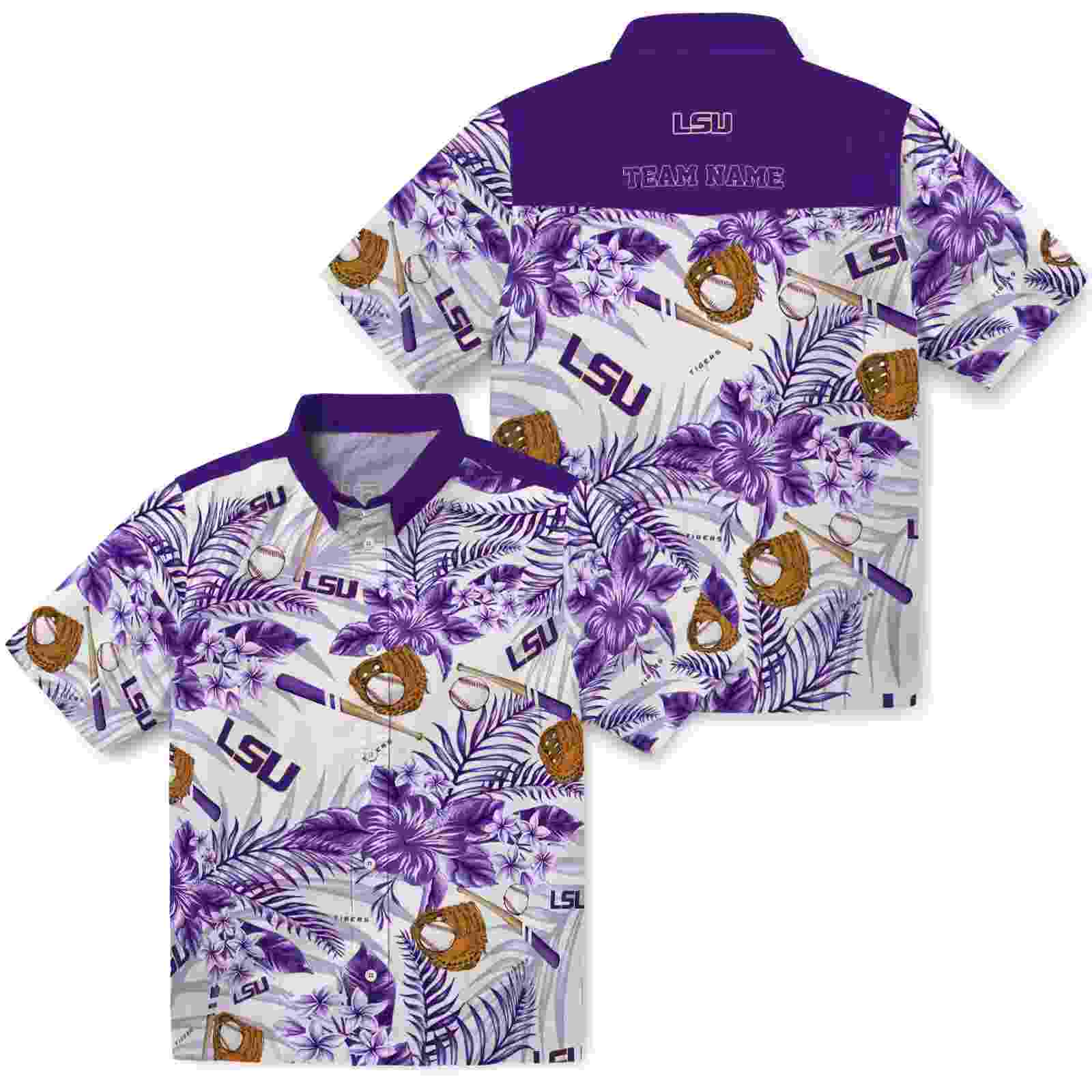 customized lsu tigers floral baseball purple white hawaiian shirt high quality