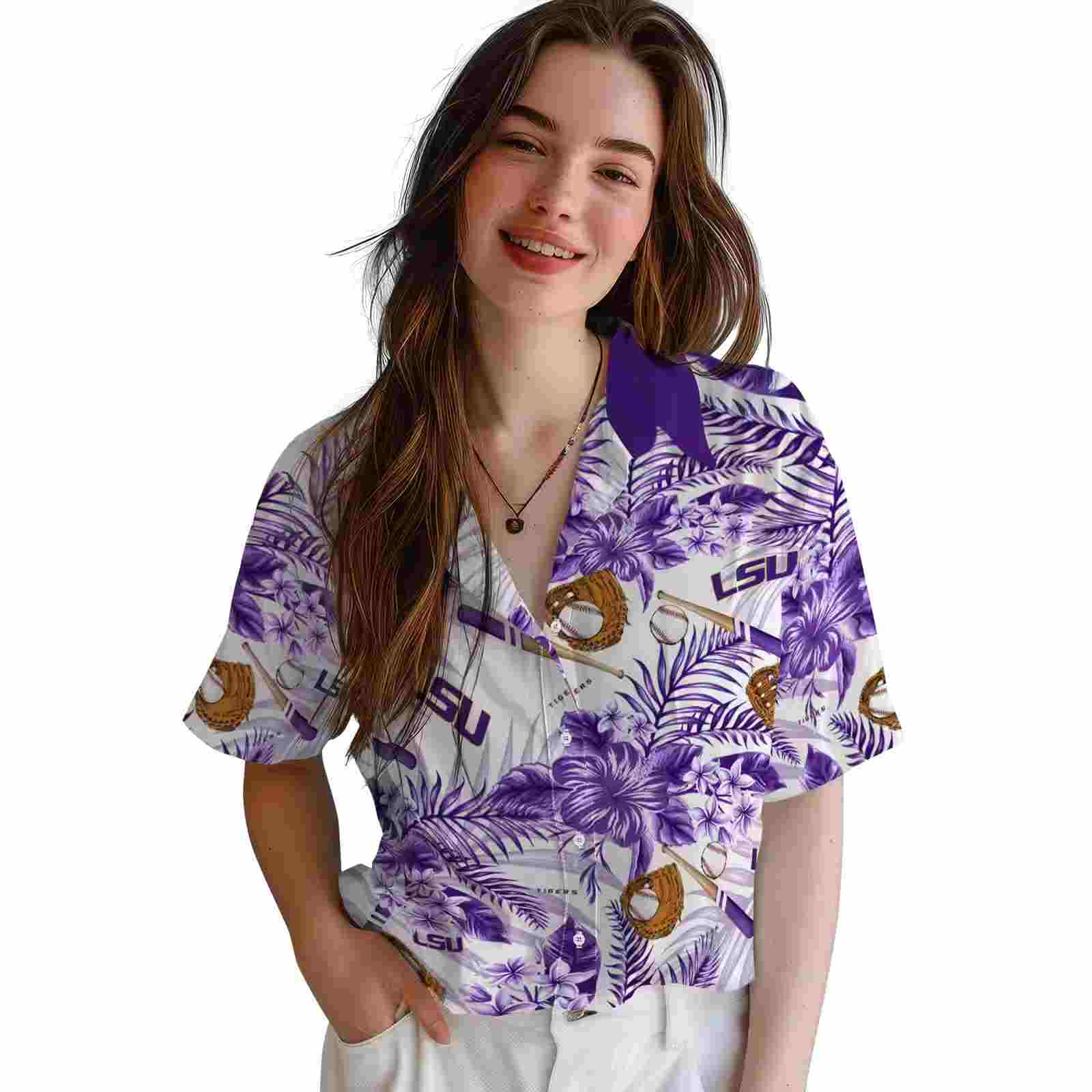 customized lsu tigers floral baseball purple white hawaiian shirt latest model