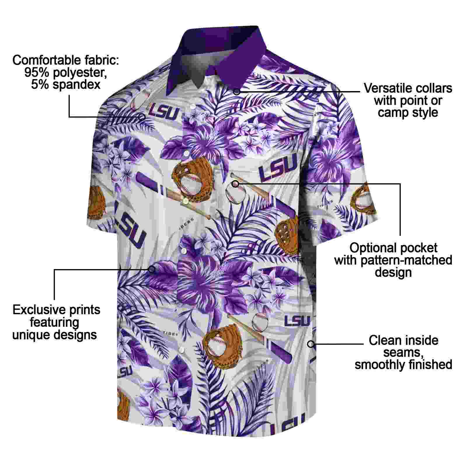 customized lsu tigers floral baseball purple white hawaiian shirt new arrival