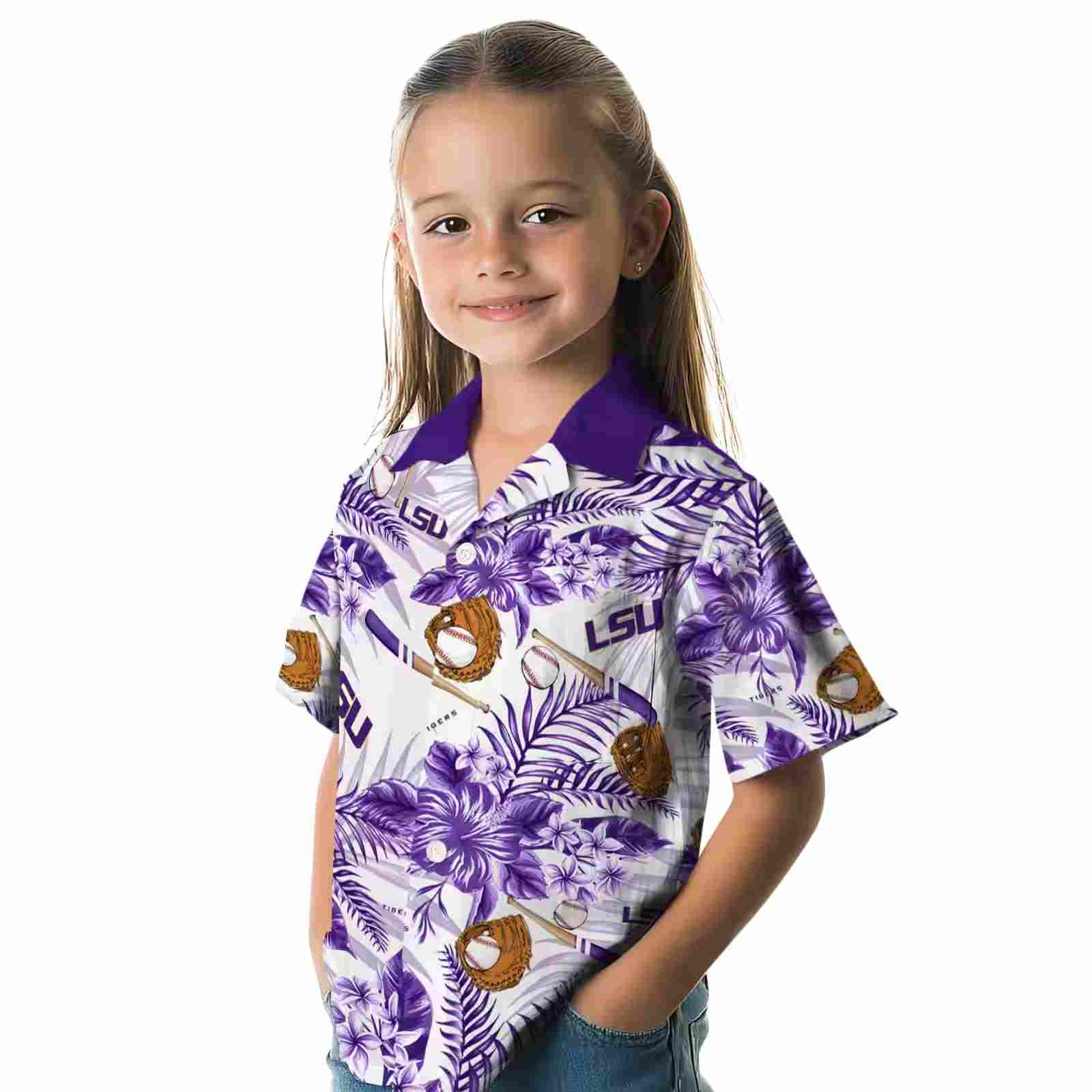 customized lsu tigers floral baseball purple white hawaiian shirt premium grade