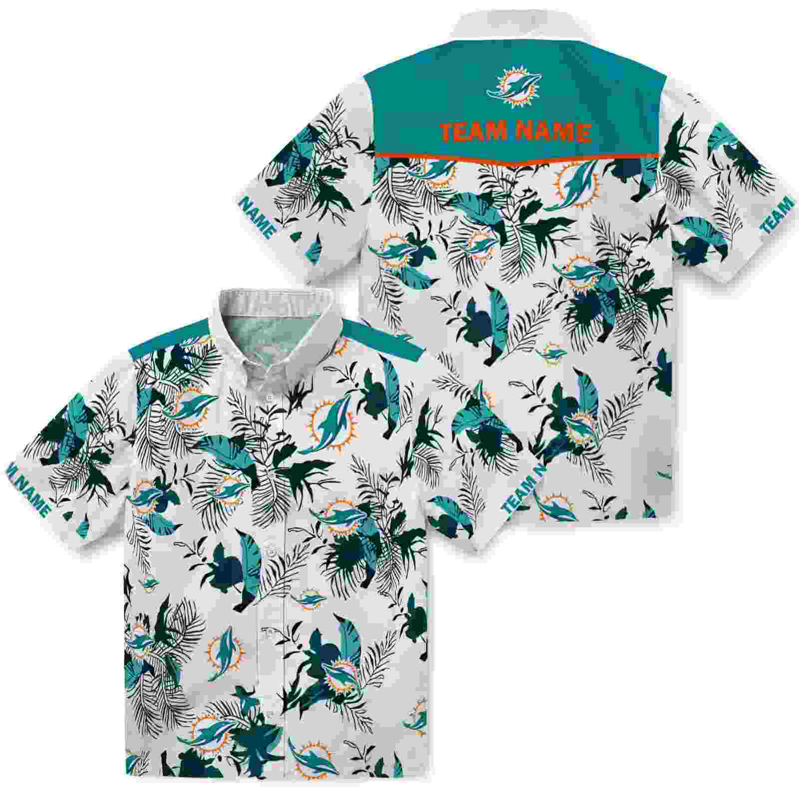 customized miami dolphins botanical theme aqua white hawaiian shirt high quality