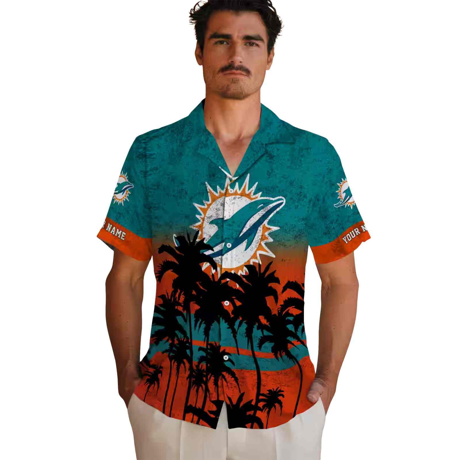 customized miami dolphins sunset pattern aqua black hawaiian shirt fashion forward