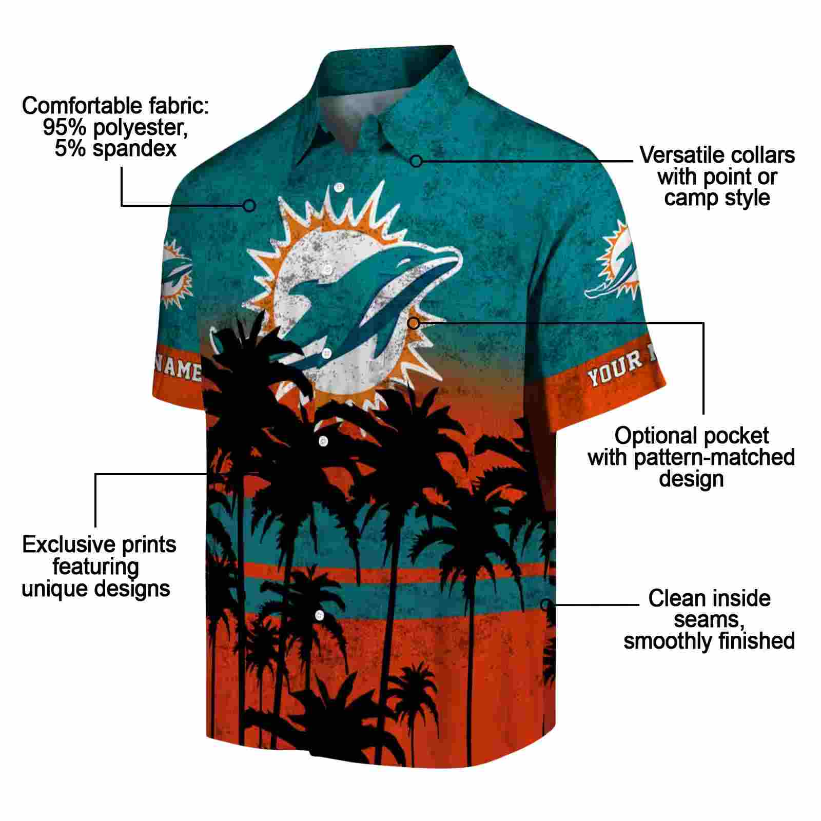 customized miami dolphins sunset pattern aqua black hawaiian shirt new arrival