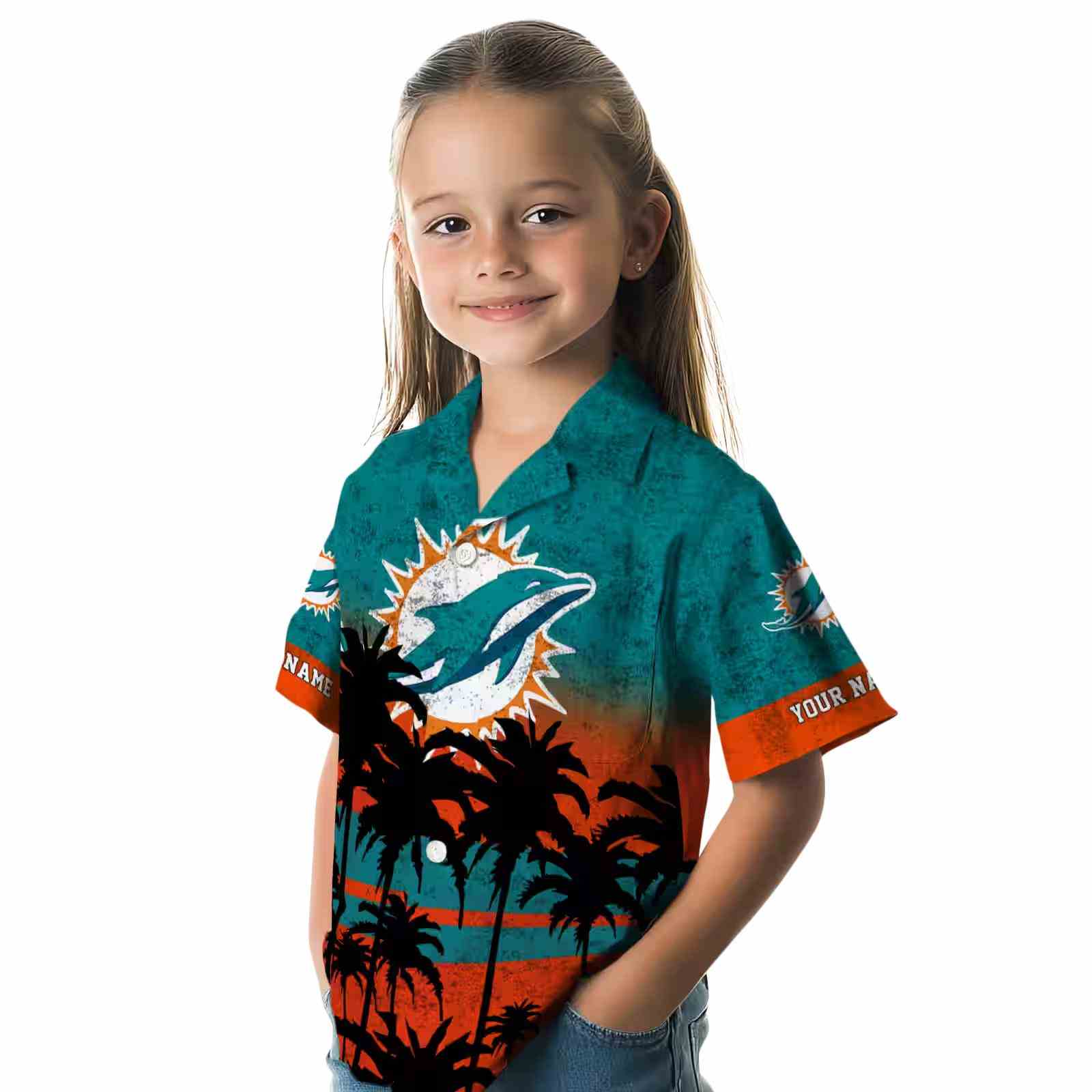 customized miami dolphins sunset pattern aqua black hawaiian shirt premium grade