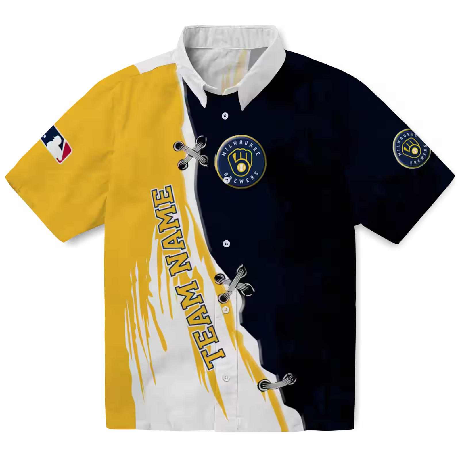 Customized Milwaukee Brewers Edgy Streaks Navy Blue White Hawaiian Shirt