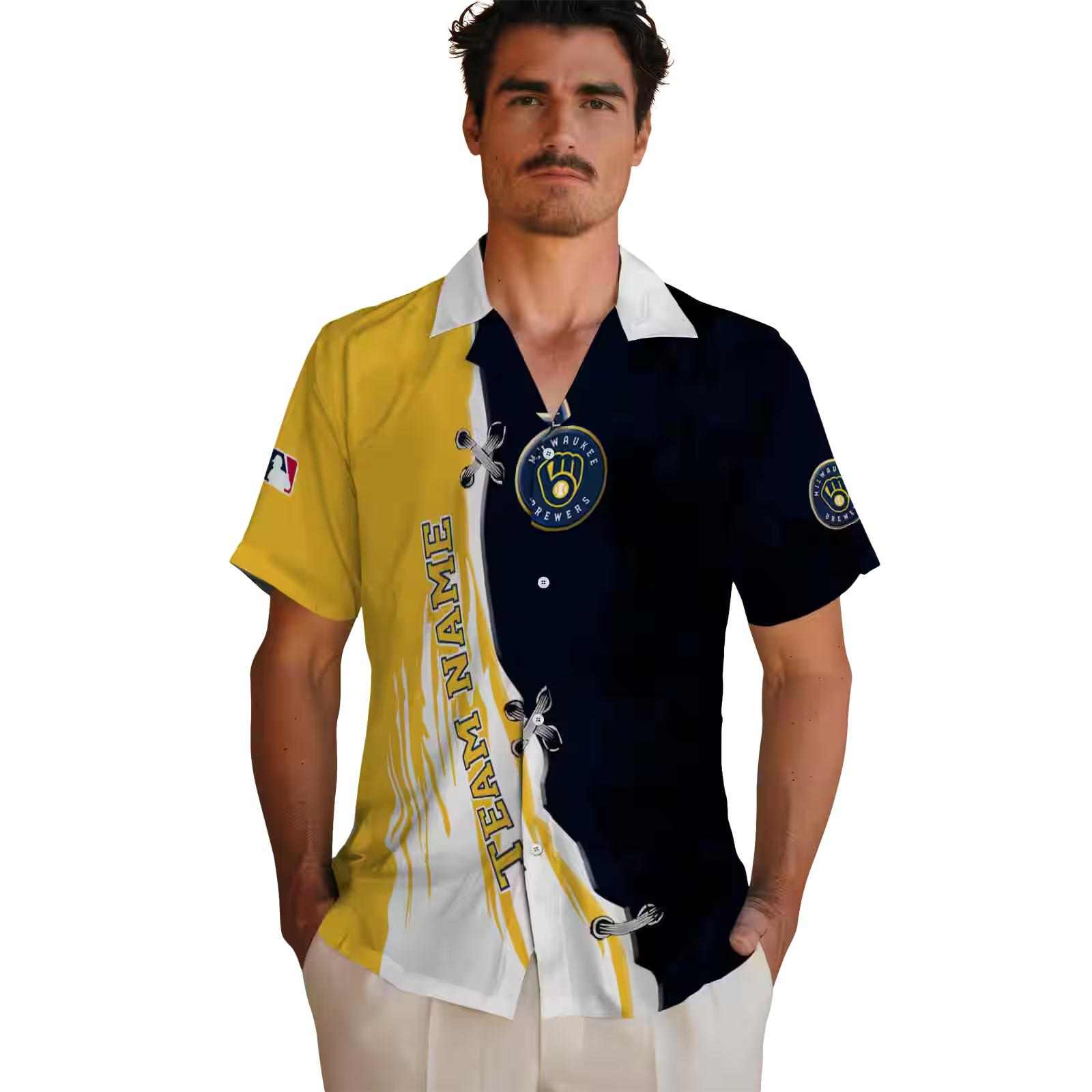 customized milwaukee brewers edgy streaks navy blue white hawaiian shirt fashion forward