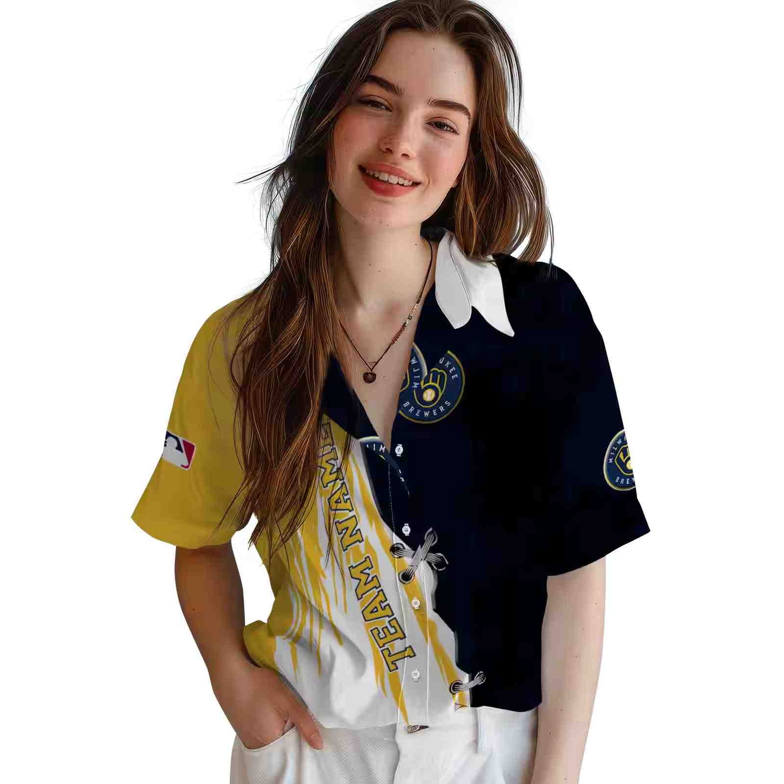 customized milwaukee brewers edgy streaks navy blue white hawaiian shirt latest model