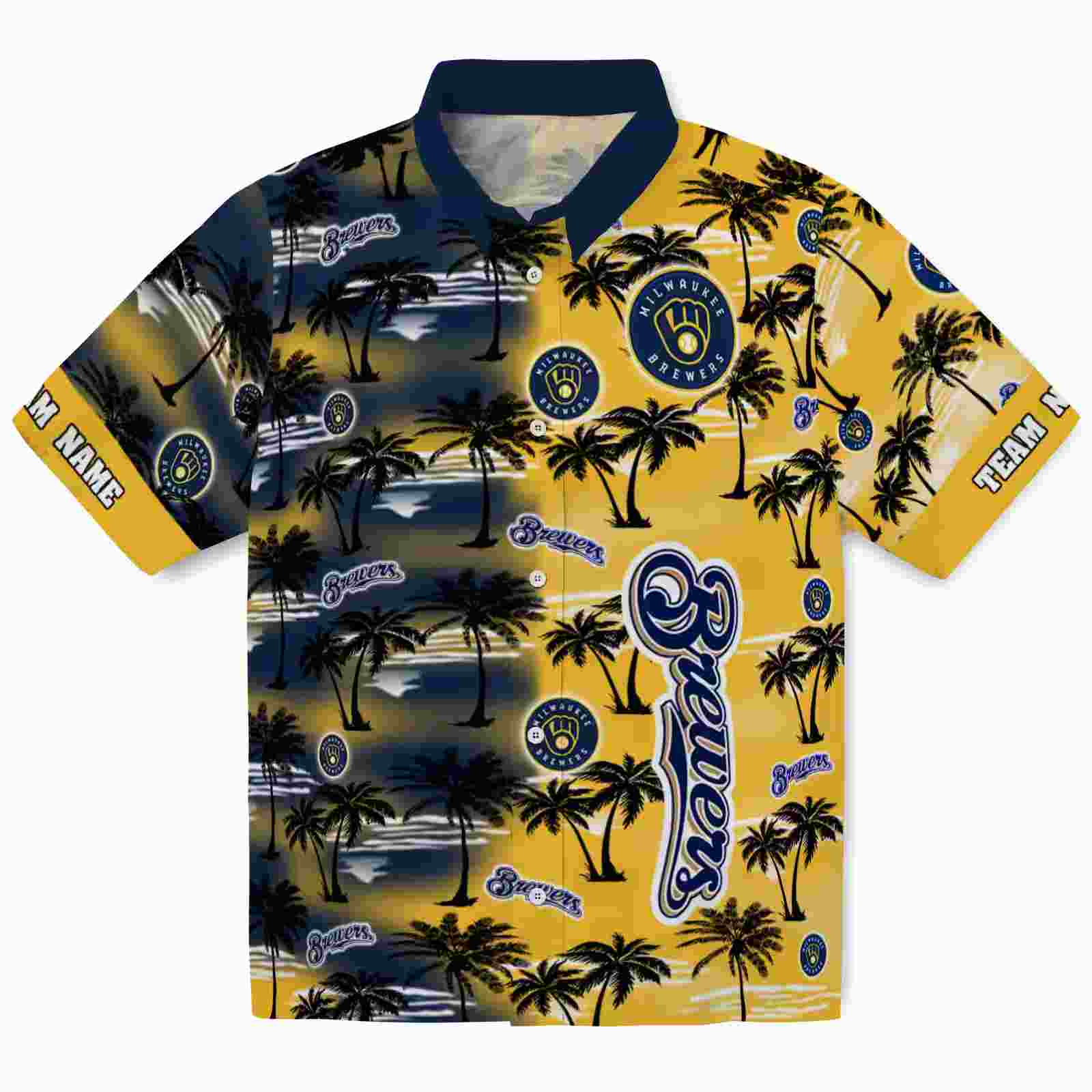 Customized Milwaukee Brewers Palm Silhouettes Navy Blue Hawaiian Shirt