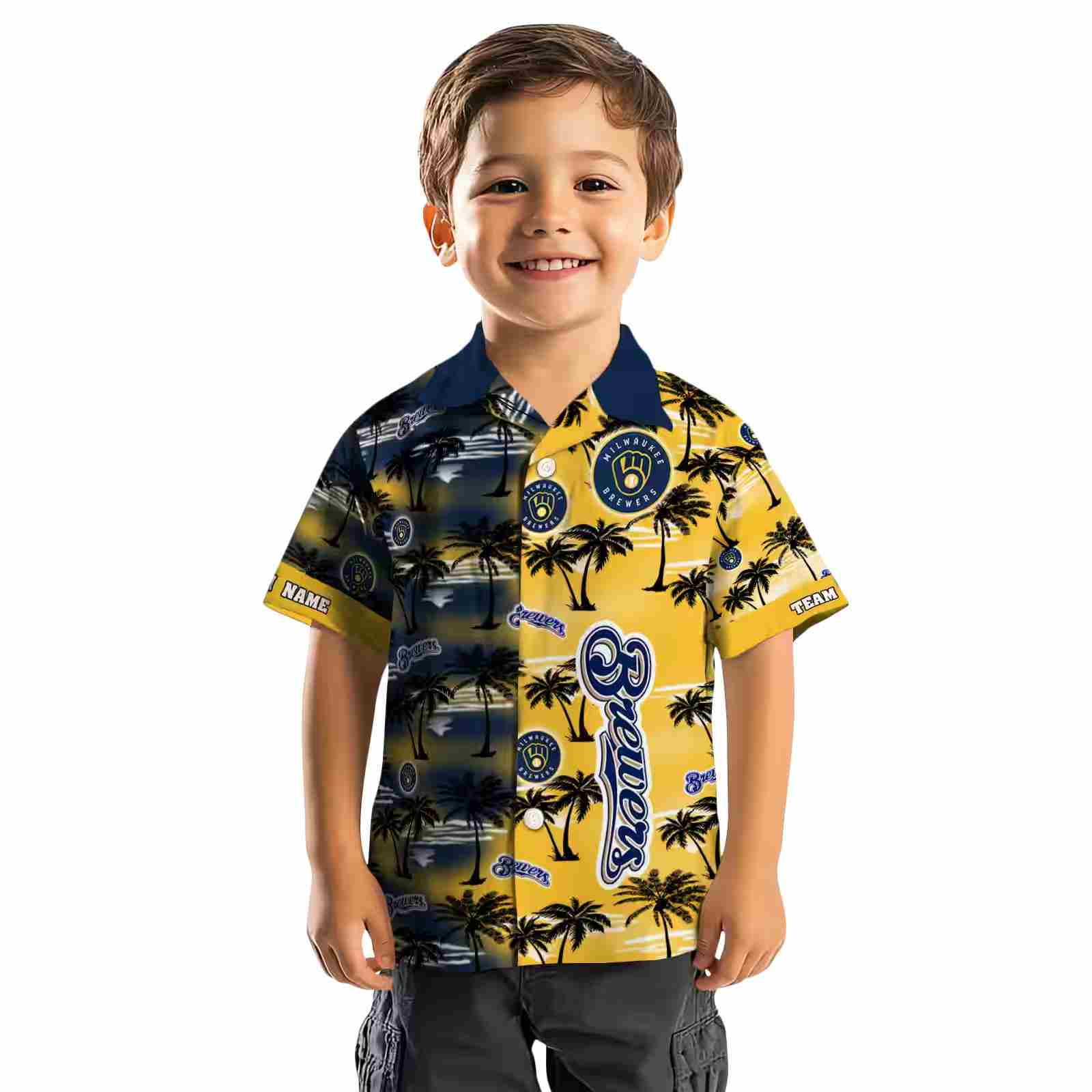 customized milwaukee brewers palm silhouettes navy blue hawaiian shirt top rated