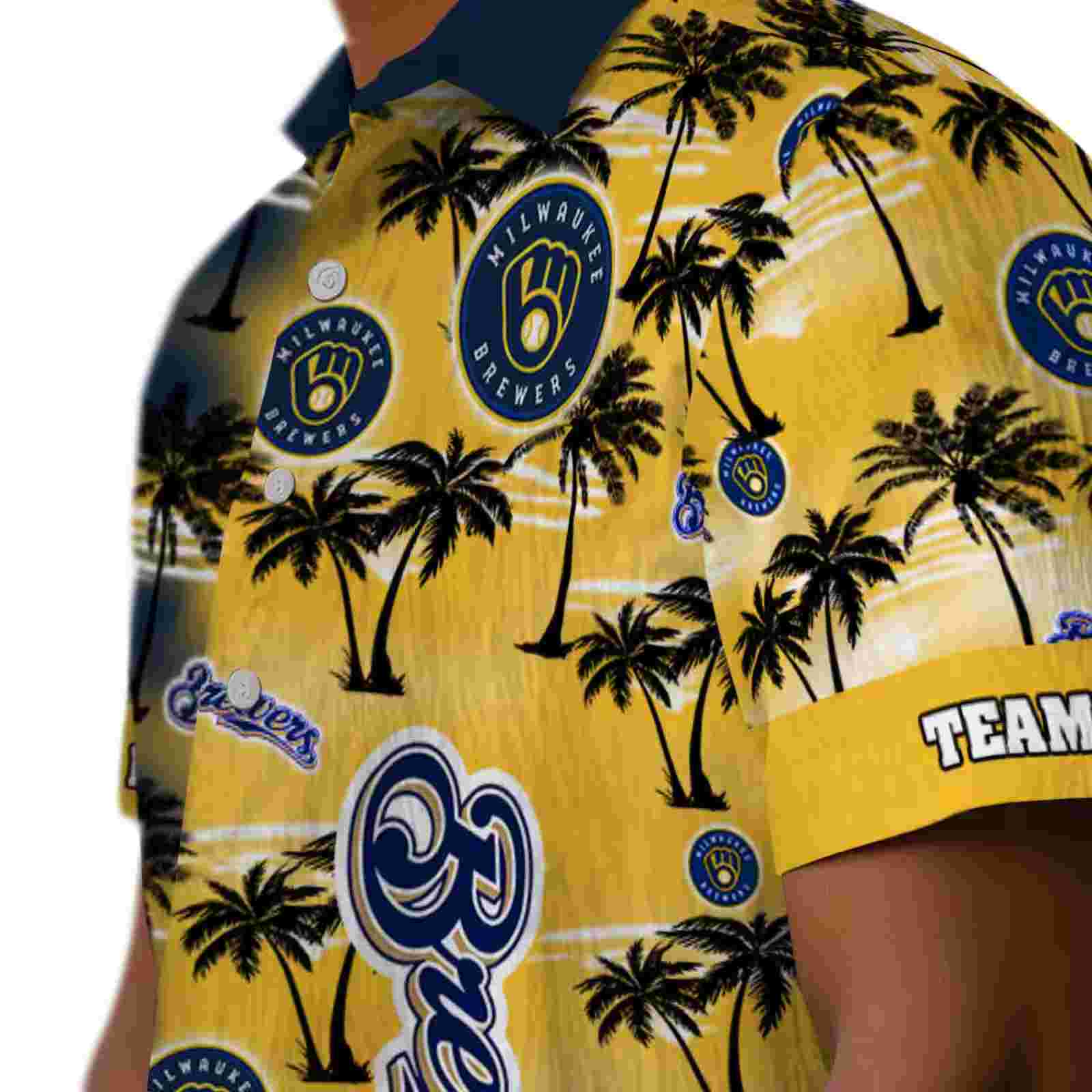 customized milwaukee brewers palm silhouettes navy blue hawaiian shirt trendy