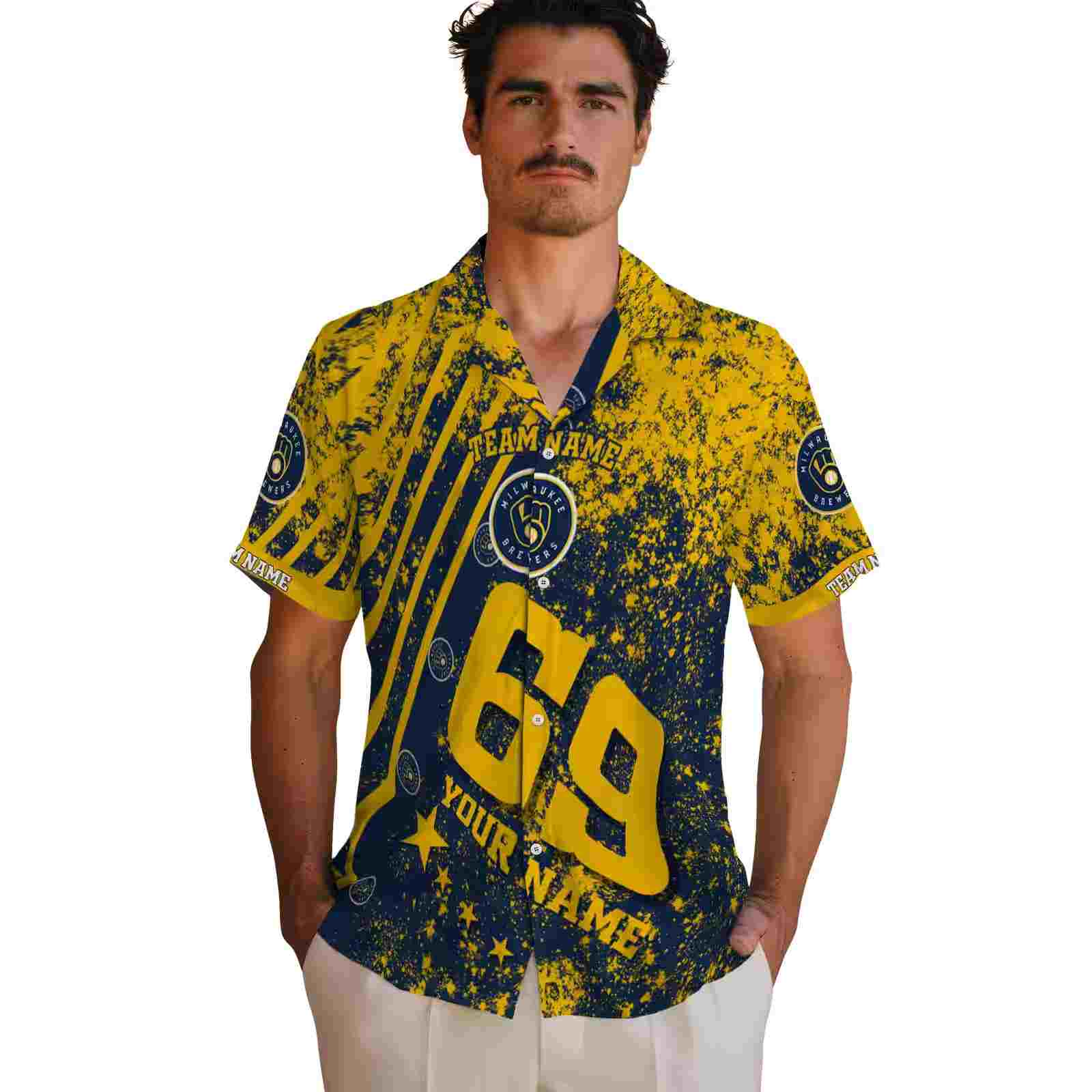 customized milwaukee brewers star stripes navy blue hawaiian shirt fashion forward