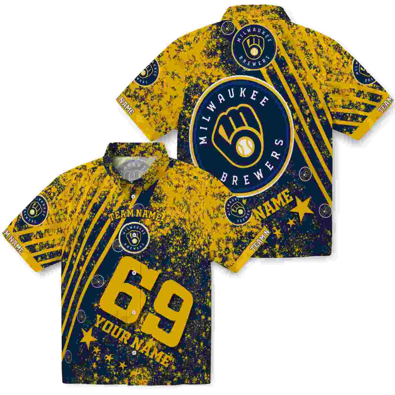 customized milwaukee brewers star stripes navy blue hawaiian shirt high quality