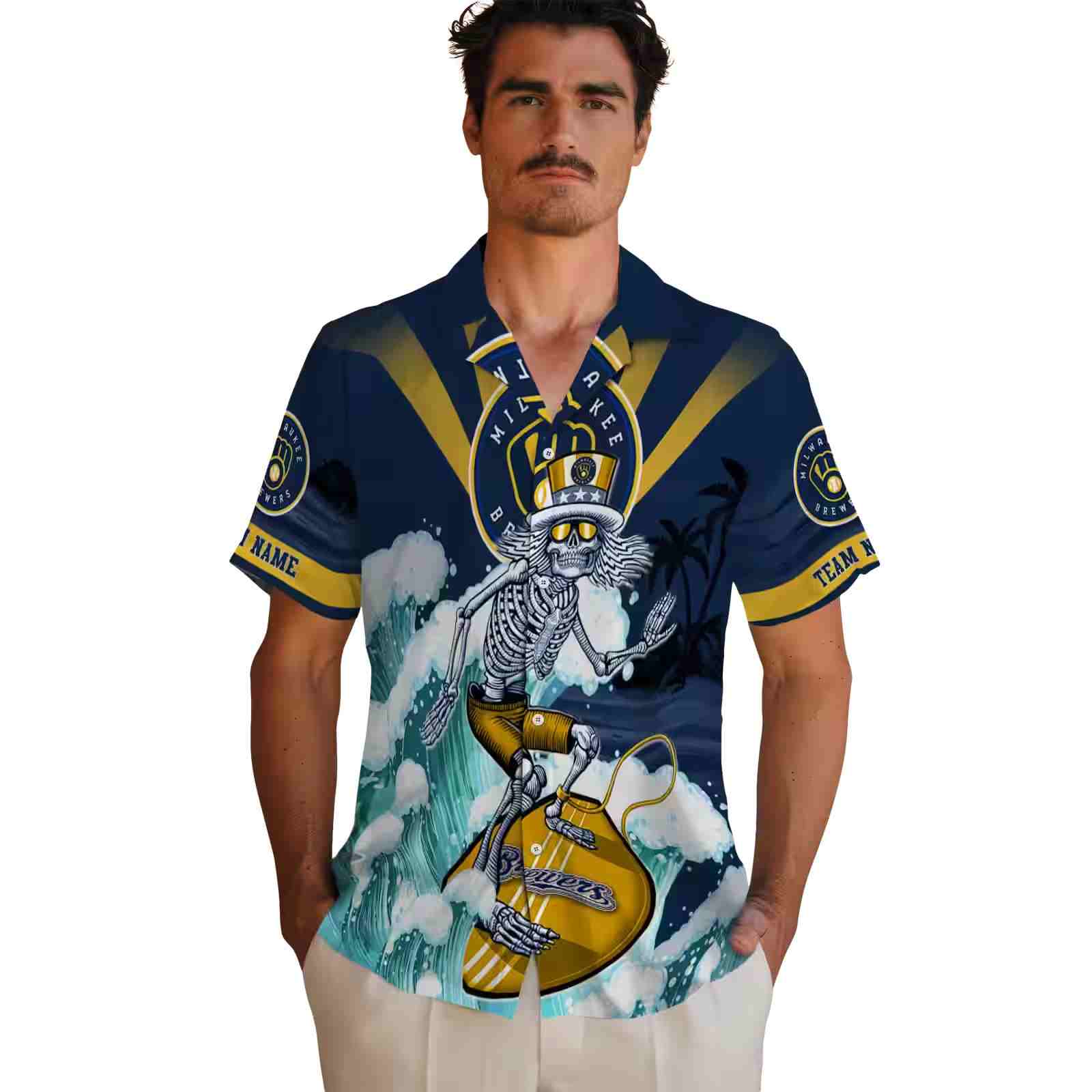 customized milwaukee brewers surfing skeleton navy blue hawaiian shirt fashion forward