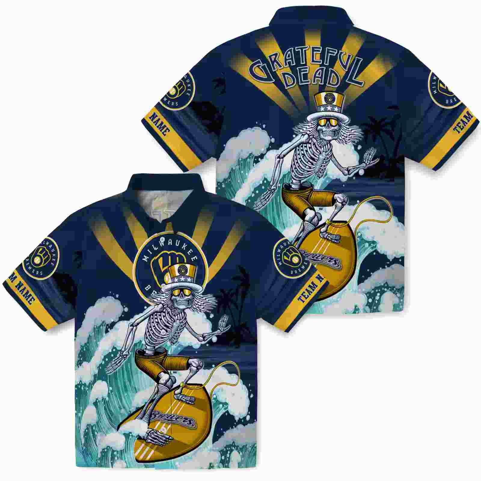 customized milwaukee brewers surfing skeleton navy blue hawaiian shirt high quality