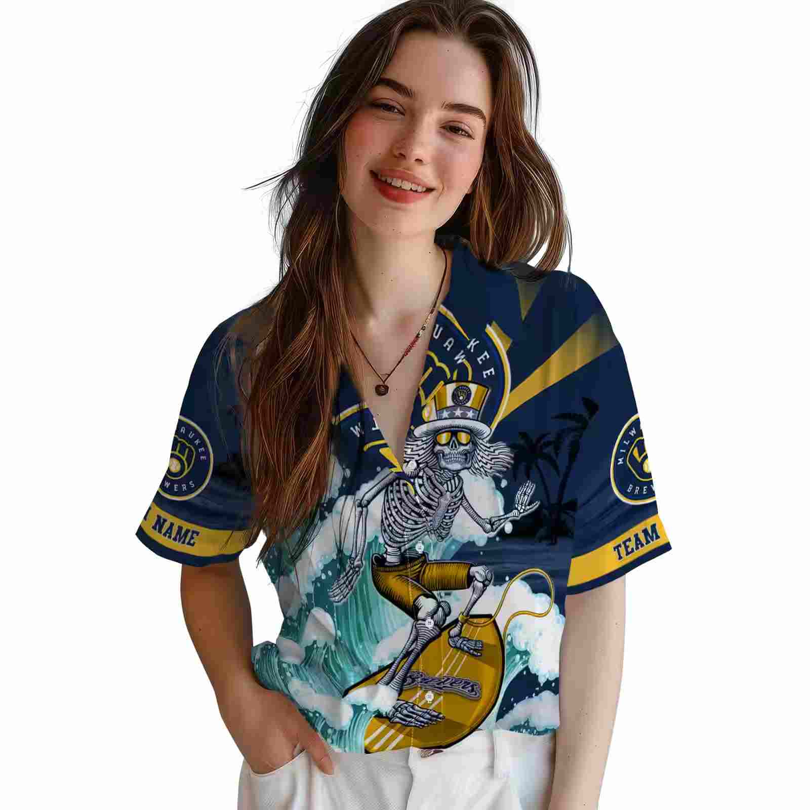 customized milwaukee brewers surfing skeleton navy blue hawaiian shirt latest model