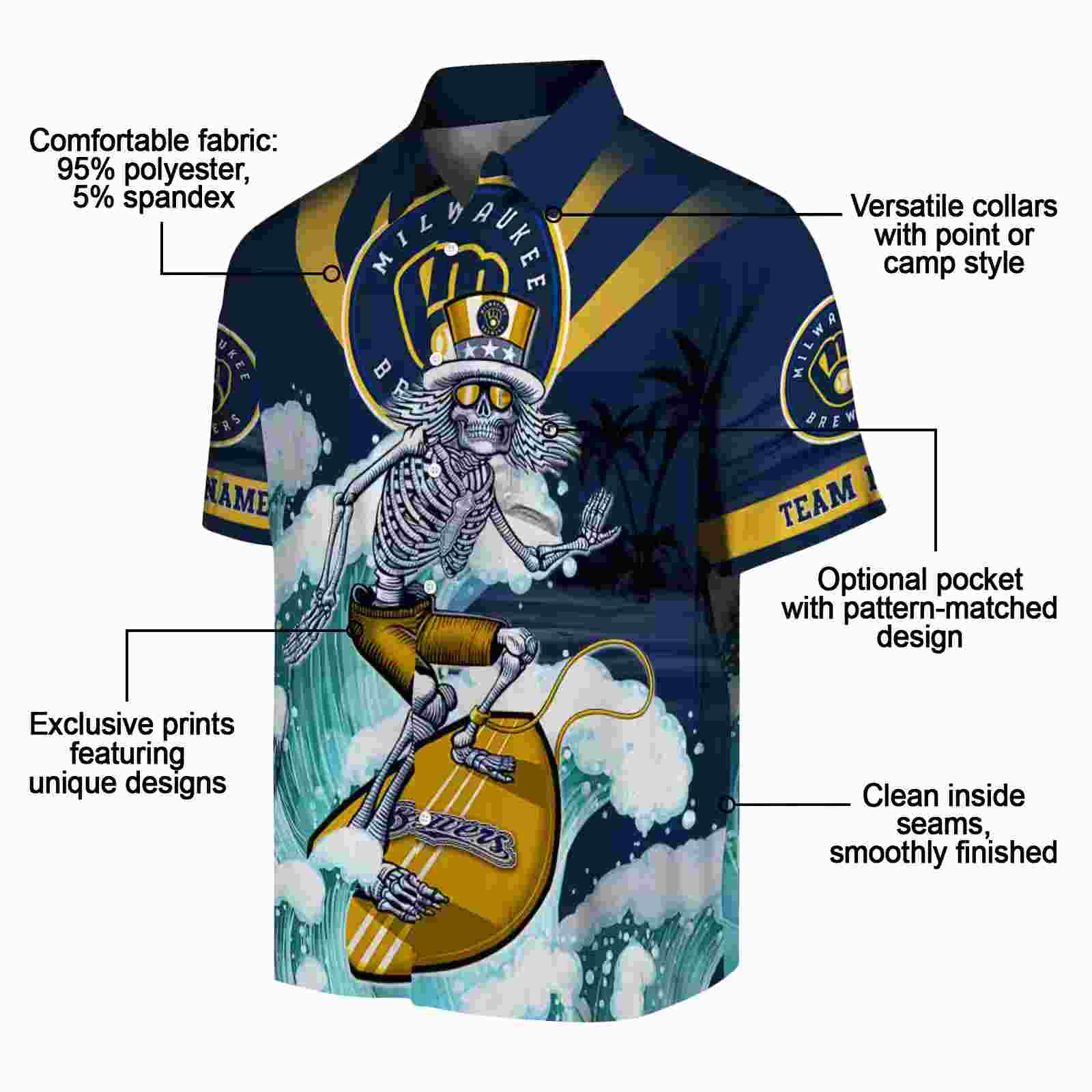 customized milwaukee brewers surfing skeleton navy blue hawaiian shirt new arrival