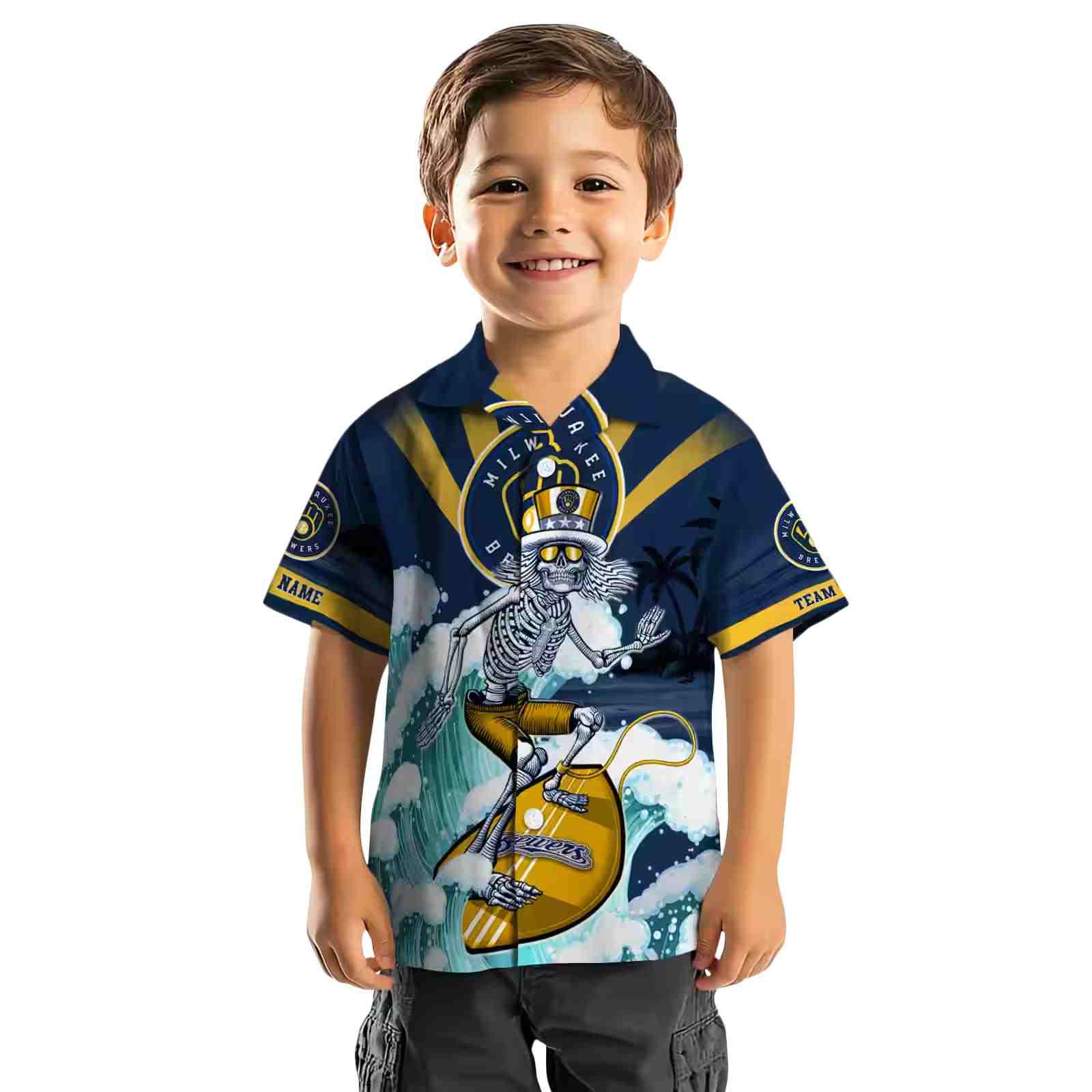 customized milwaukee brewers surfing skeleton navy blue hawaiian shirt top rated