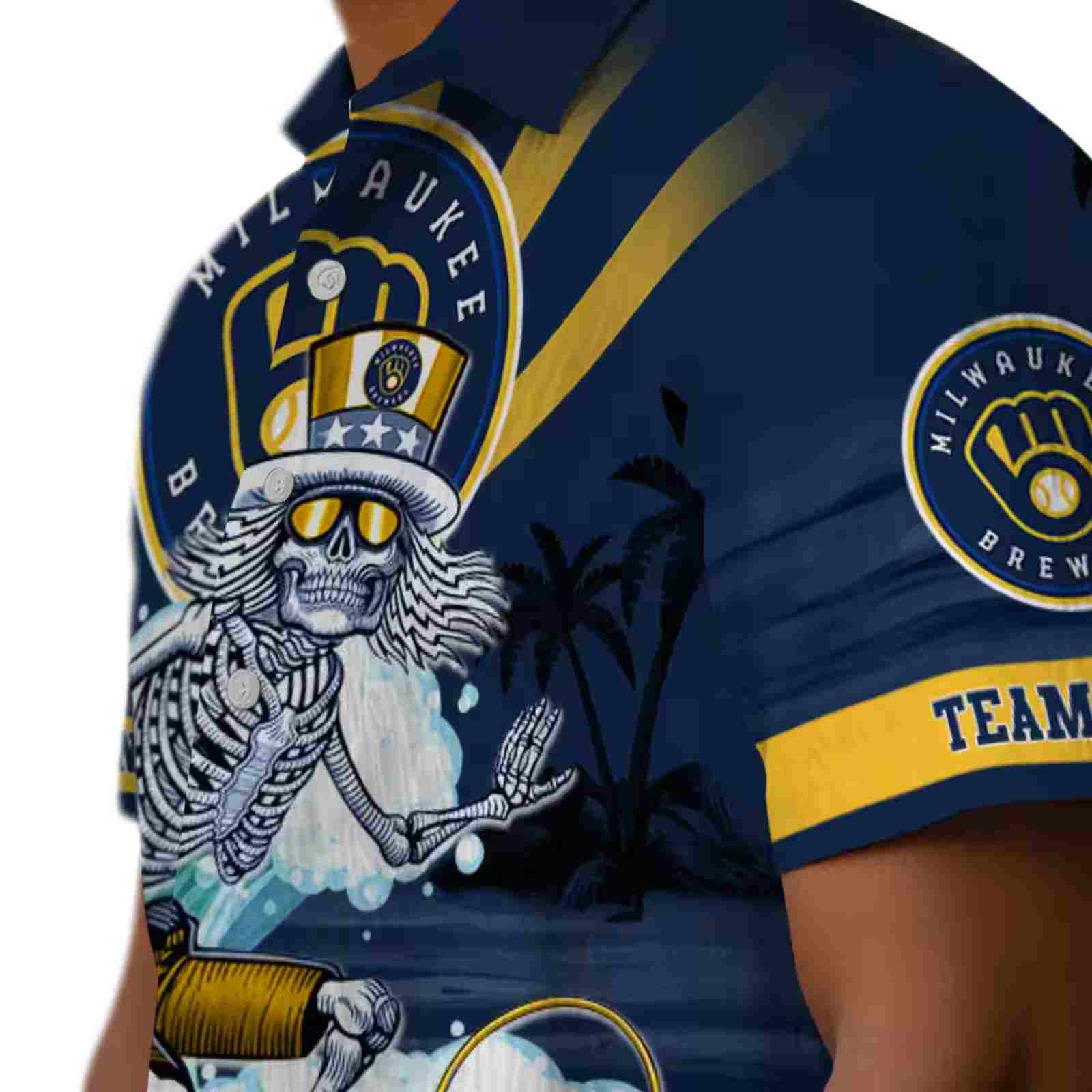 customized milwaukee brewers surfing skeleton navy blue hawaiian shirt trendy