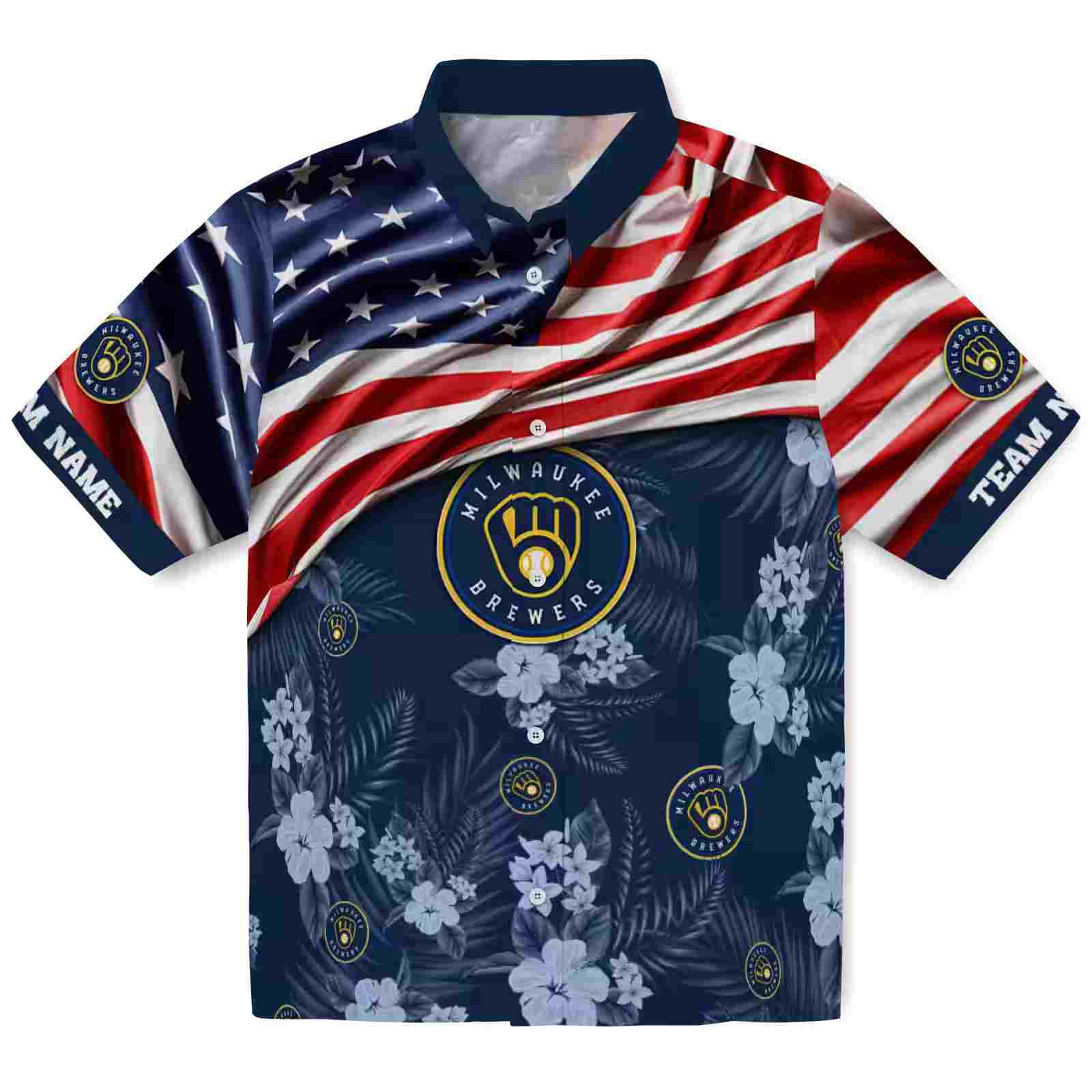 Customized Milwaukee Brewers US Flag Hibiscus Navy Blue Hawaiian Shirt