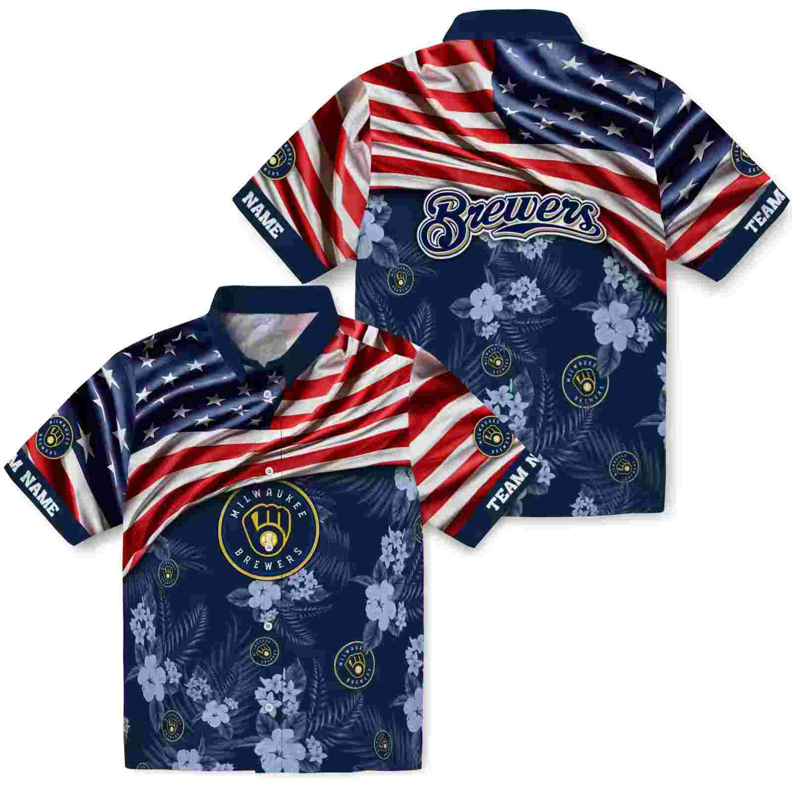 customized milwaukee brewers us flag hibiscus navy blue hawaiian shirt high quality