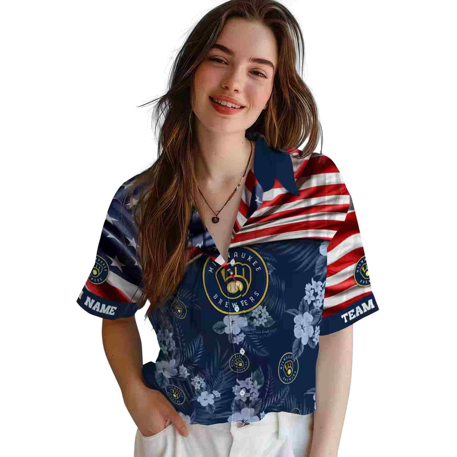 customized milwaukee brewers us flag hibiscus navy blue hawaiian shirt latest model