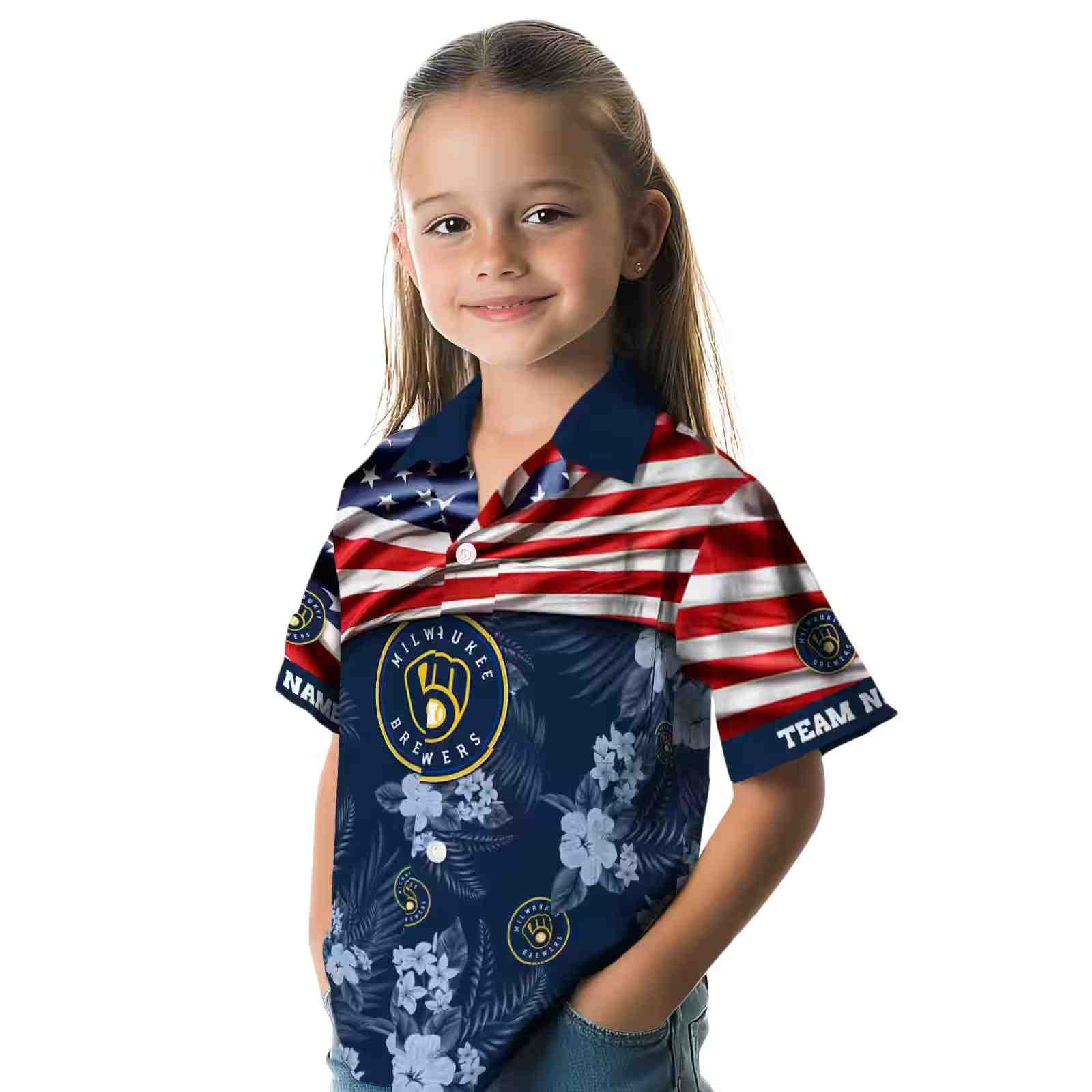 customized milwaukee brewers us flag hibiscus navy blue hawaiian shirt premium grade