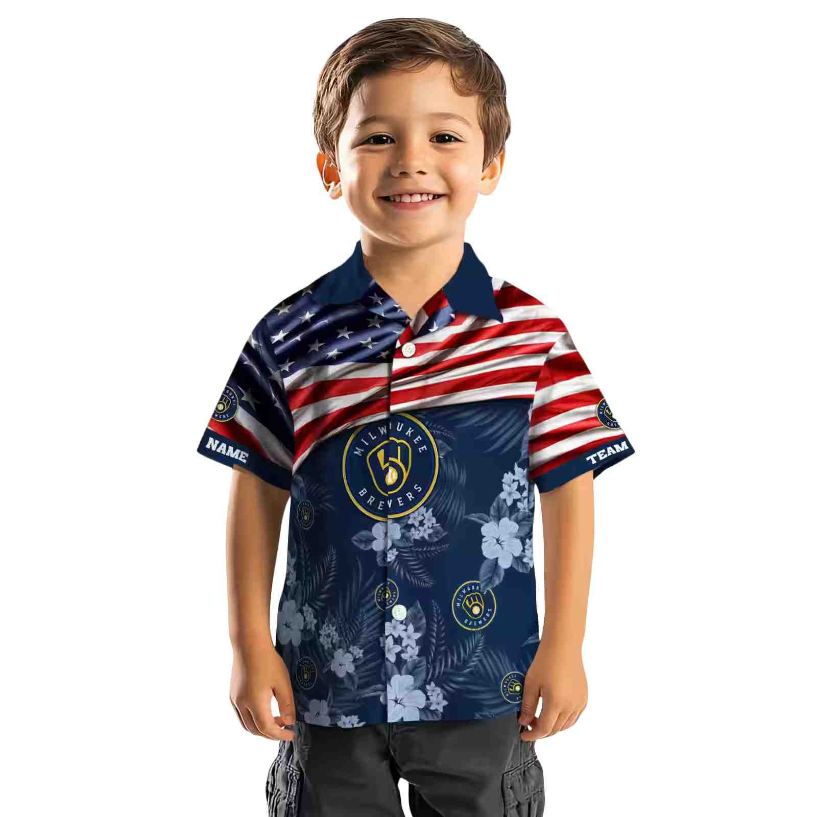 customized milwaukee brewers us flag hibiscus navy blue hawaiian shirt top rated