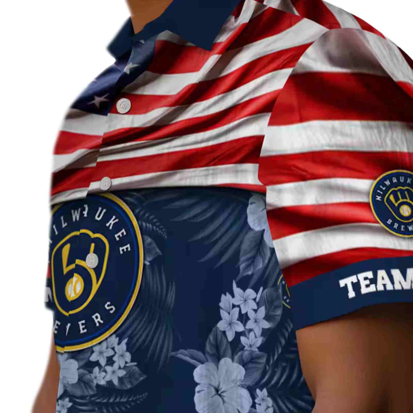 customized milwaukee brewers us flag hibiscus navy blue hawaiian shirt trendy