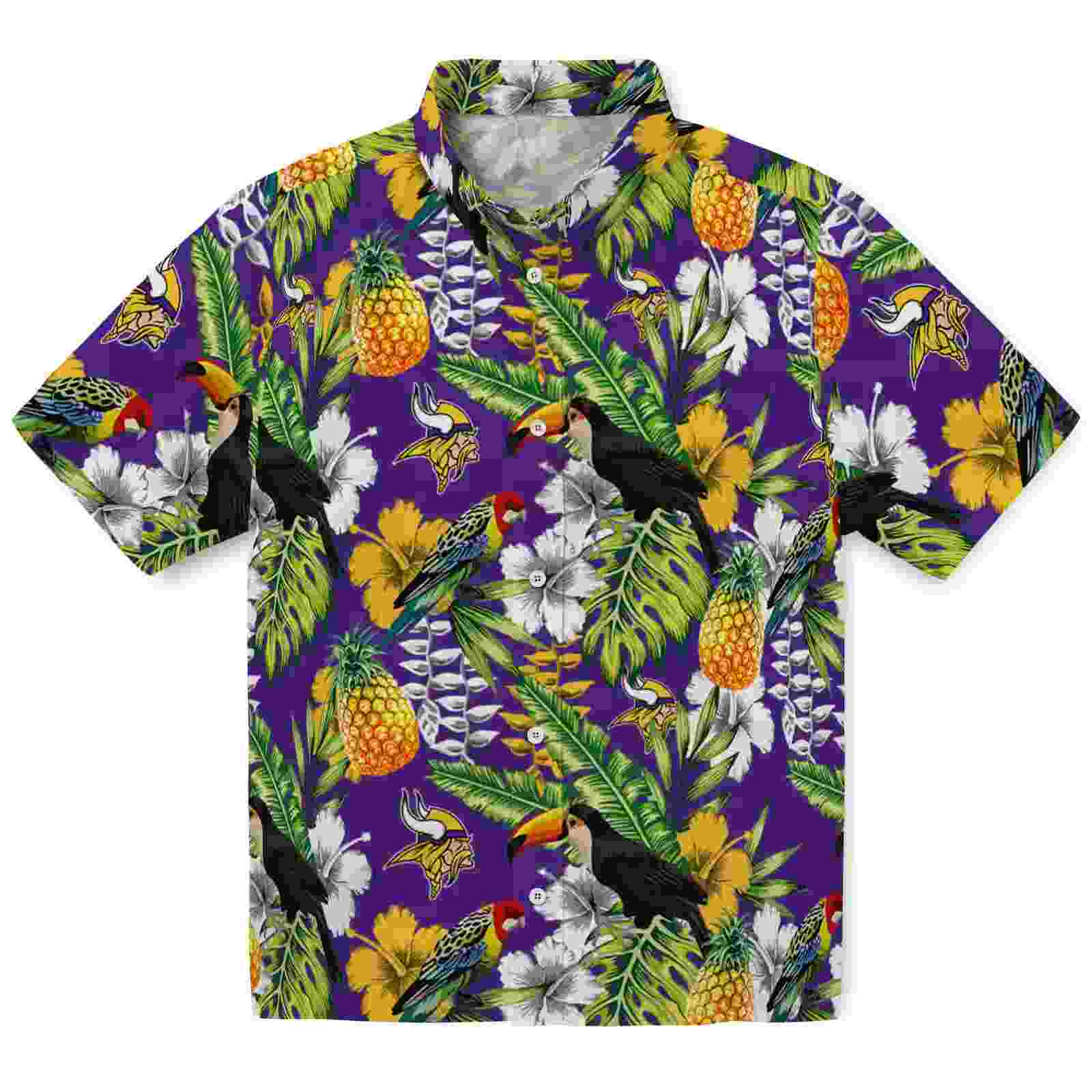 Customized Minnesota Vikings Tropical Toucan Purple Green Hawaiian Shirt