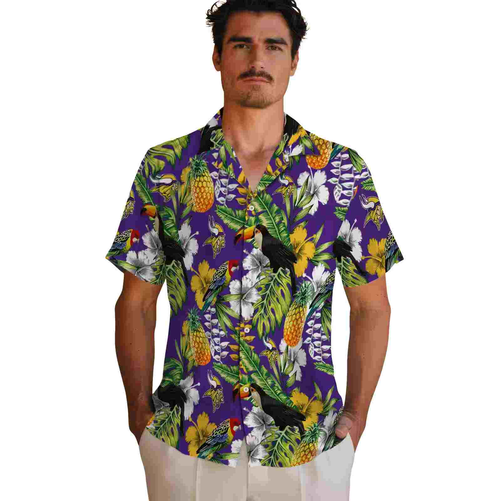 customized minnesota vikings tropical toucan purple green hawaiian shirt fashion forward