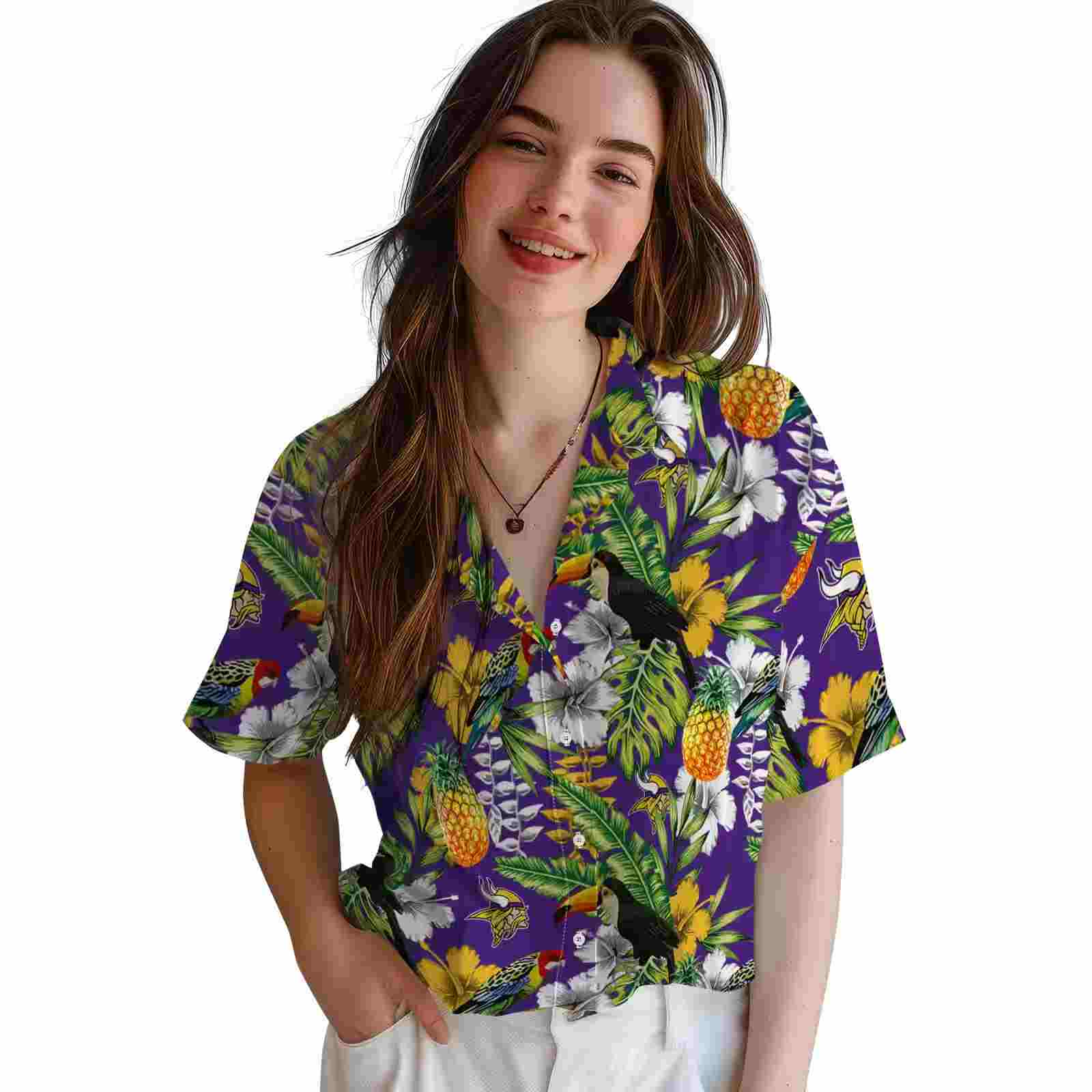 customized minnesota vikings tropical toucan purple green hawaiian shirt latest model