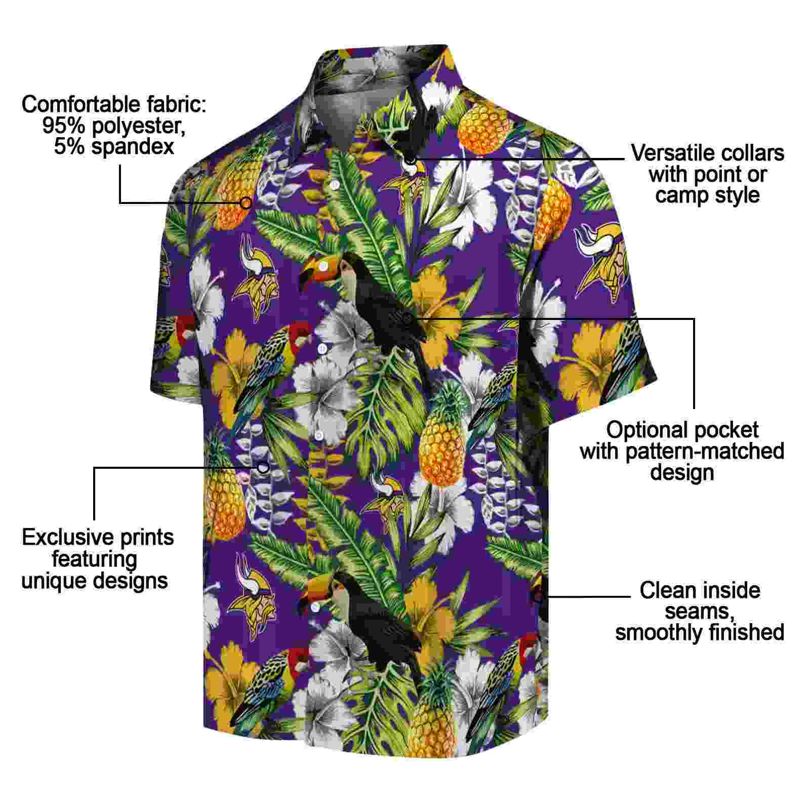 customized minnesota vikings tropical toucan purple green hawaiian shirt new arrival