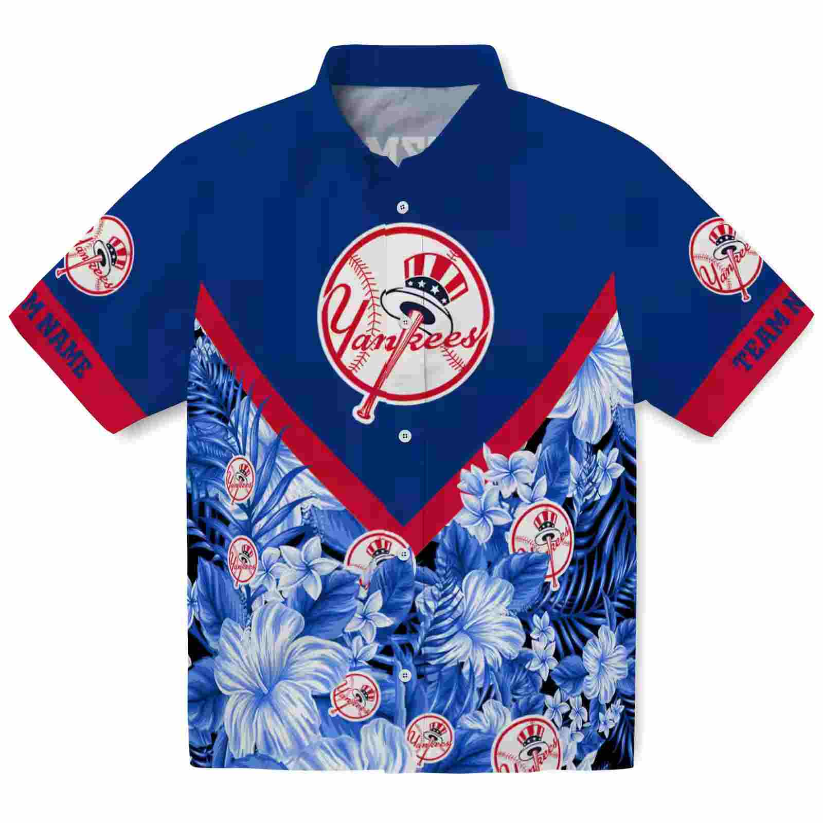 Customized New York Yankees Floral Chevron Navy Hawaiian Shirt