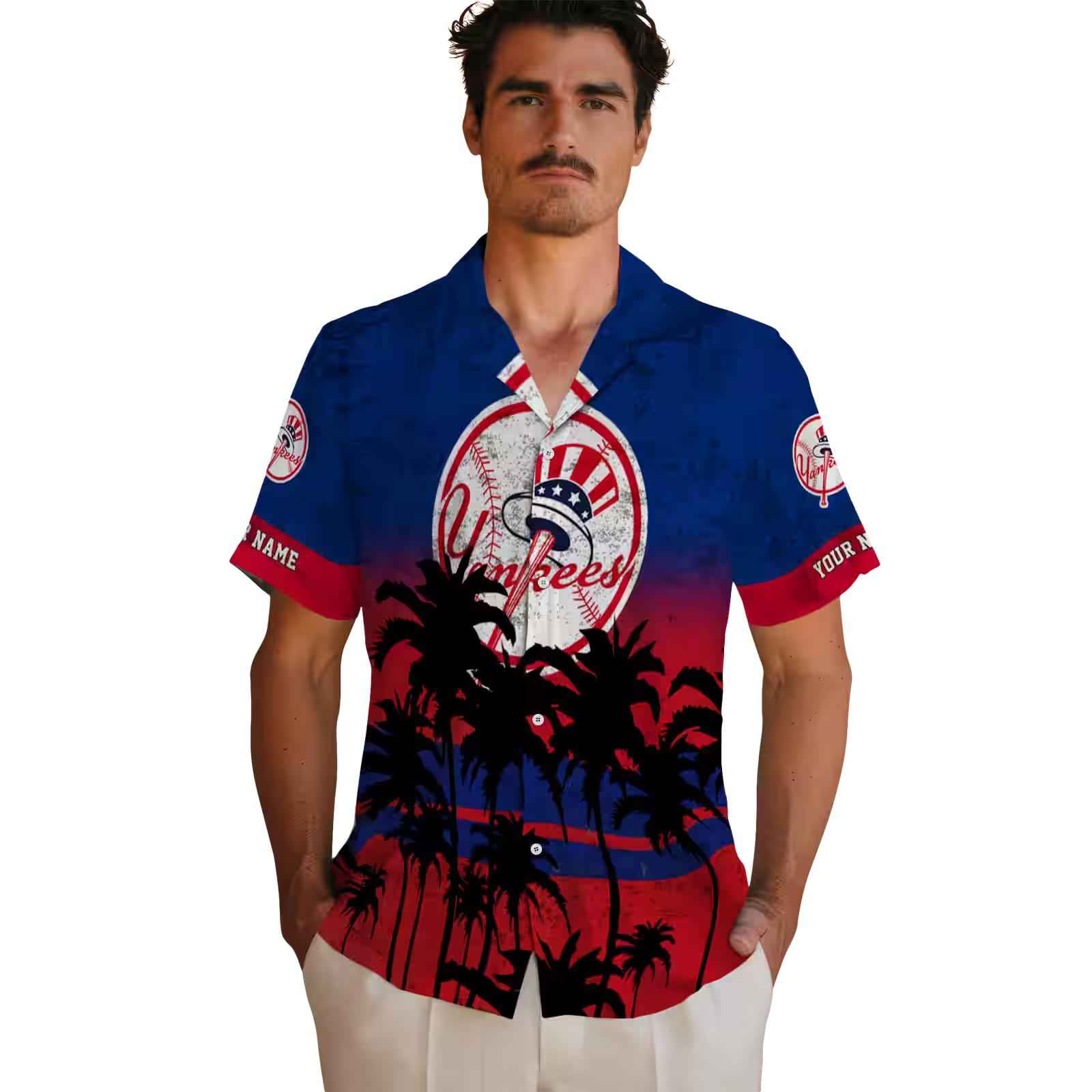 customized new york yankees sunset pattern navy black hawaiian shirt fashion forward