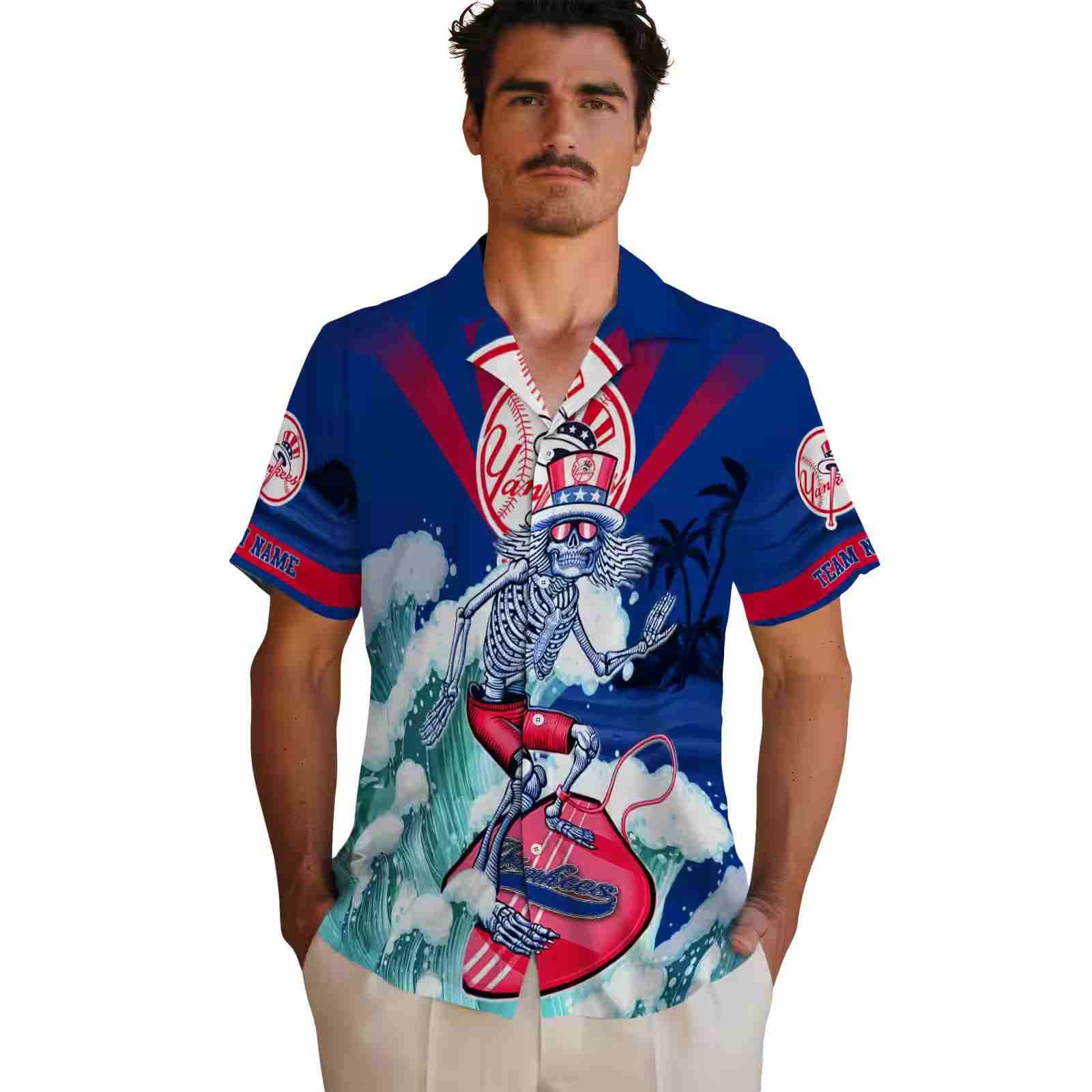 customized new york yankees surfing skeleton navy blue hawaiian shirt fashion forward