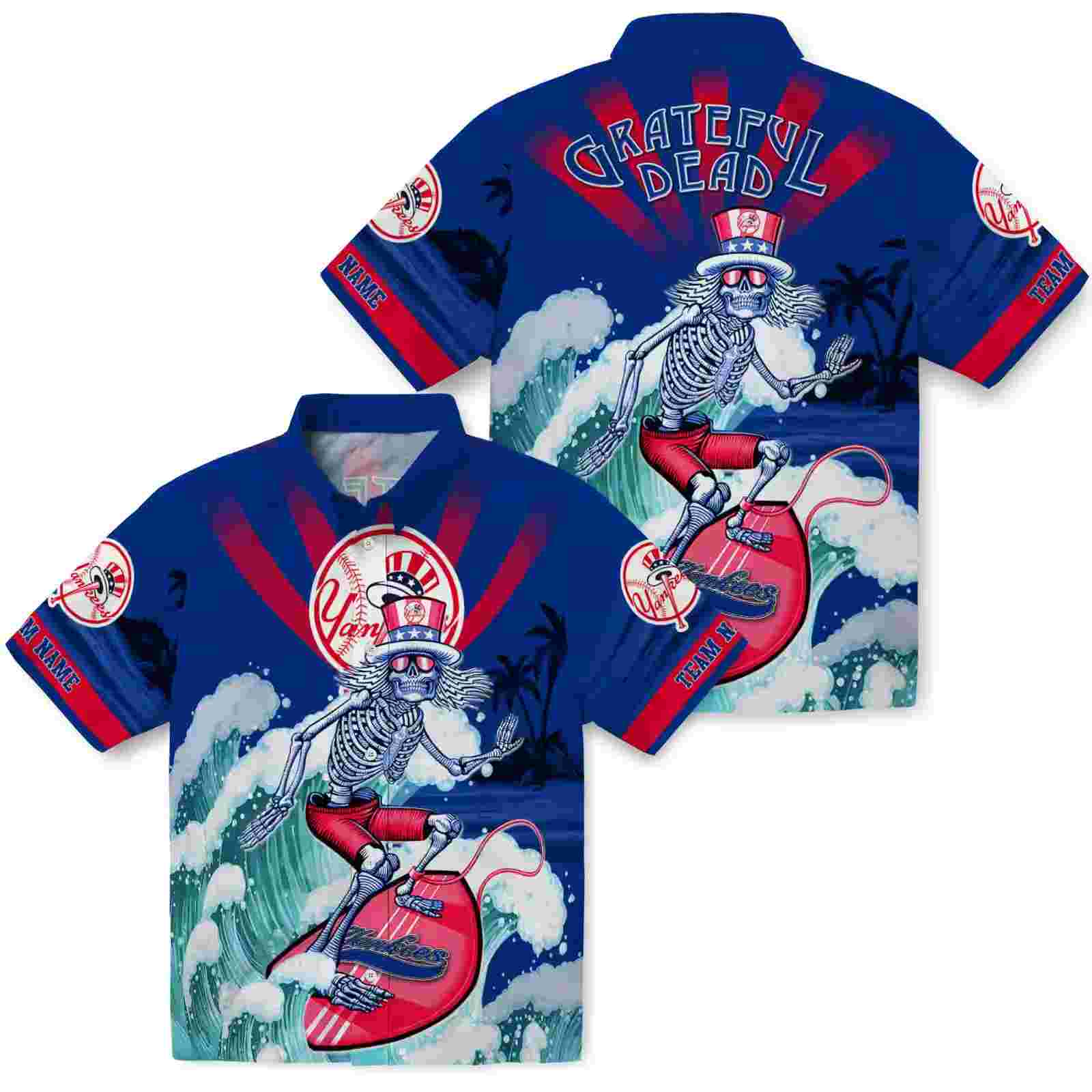 customized new york yankees surfing skeleton navy blue hawaiian shirt high quality