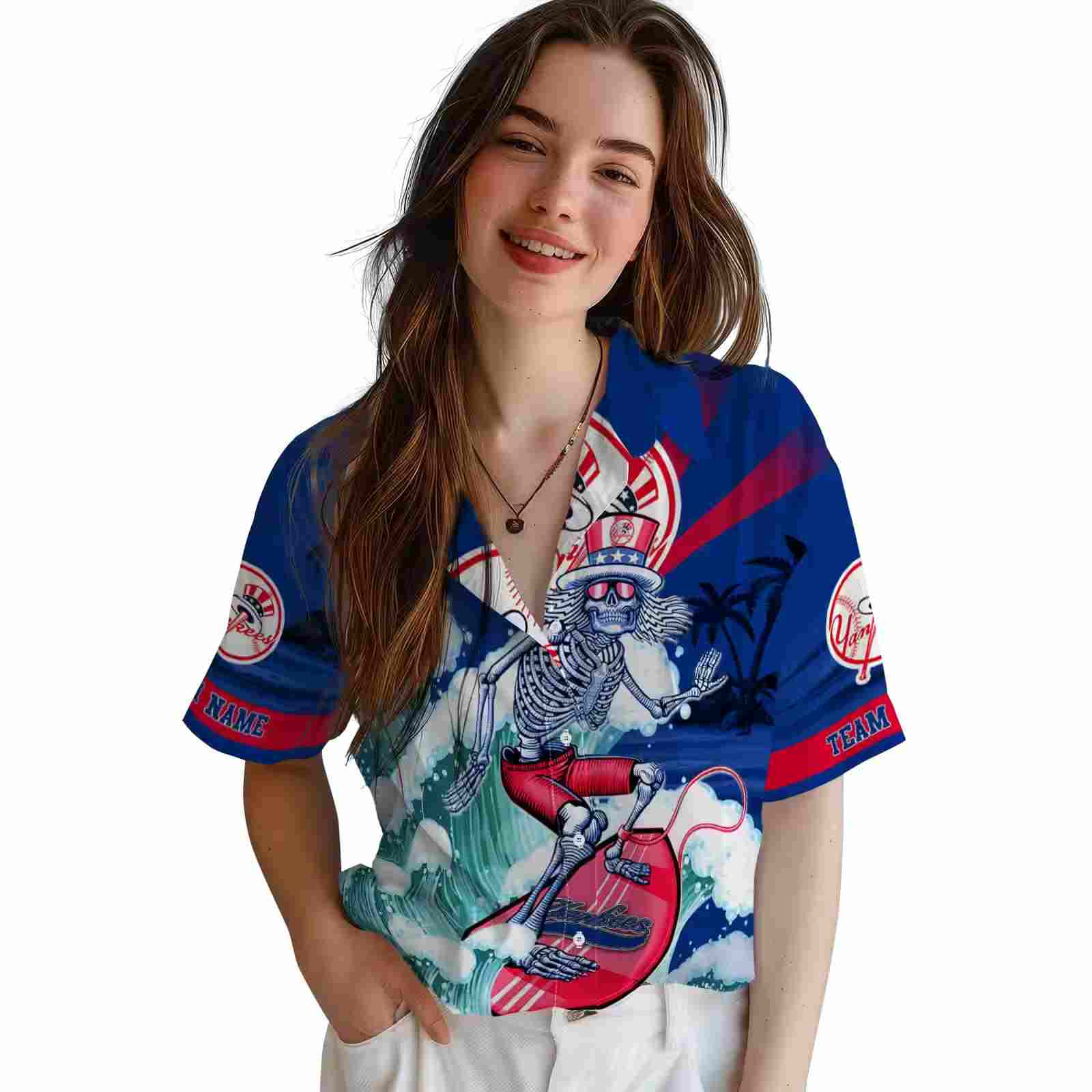 customized new york yankees surfing skeleton navy blue hawaiian shirt latest model