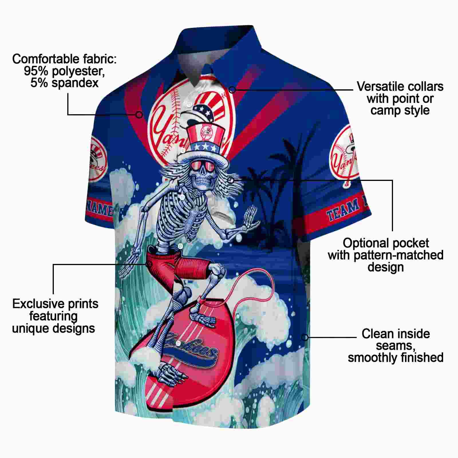 customized new york yankees surfing skeleton navy blue hawaiian shirt new arrival