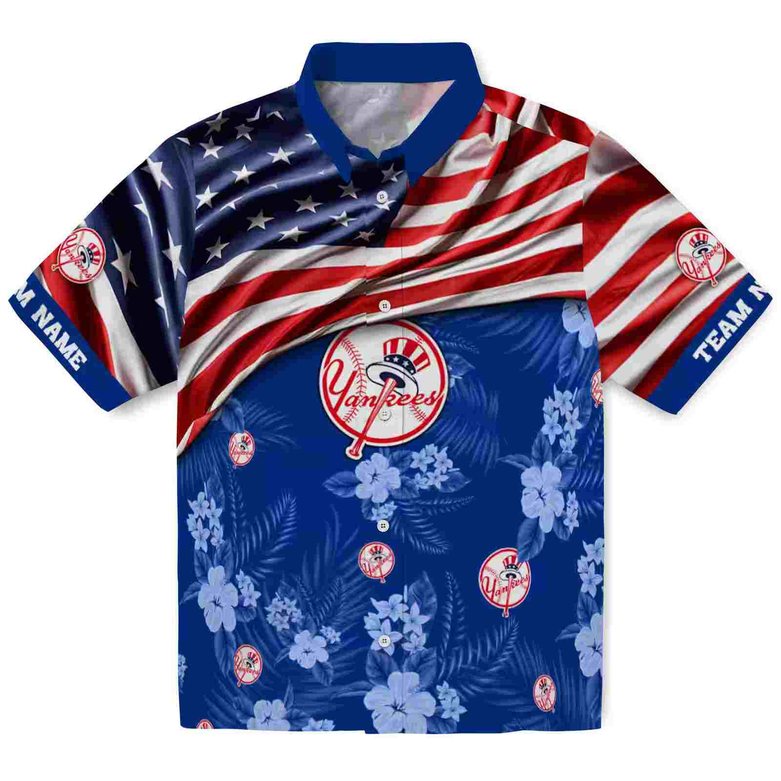 Customized New York Yankees US Flag Hibiscus Navy Hawaiian Shirt