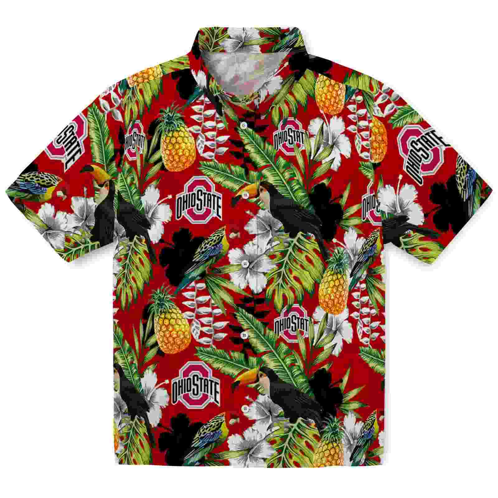 Customized Ohio State Buckeyes Tropical Toucan Scarlet Green Hawaiian Shirt