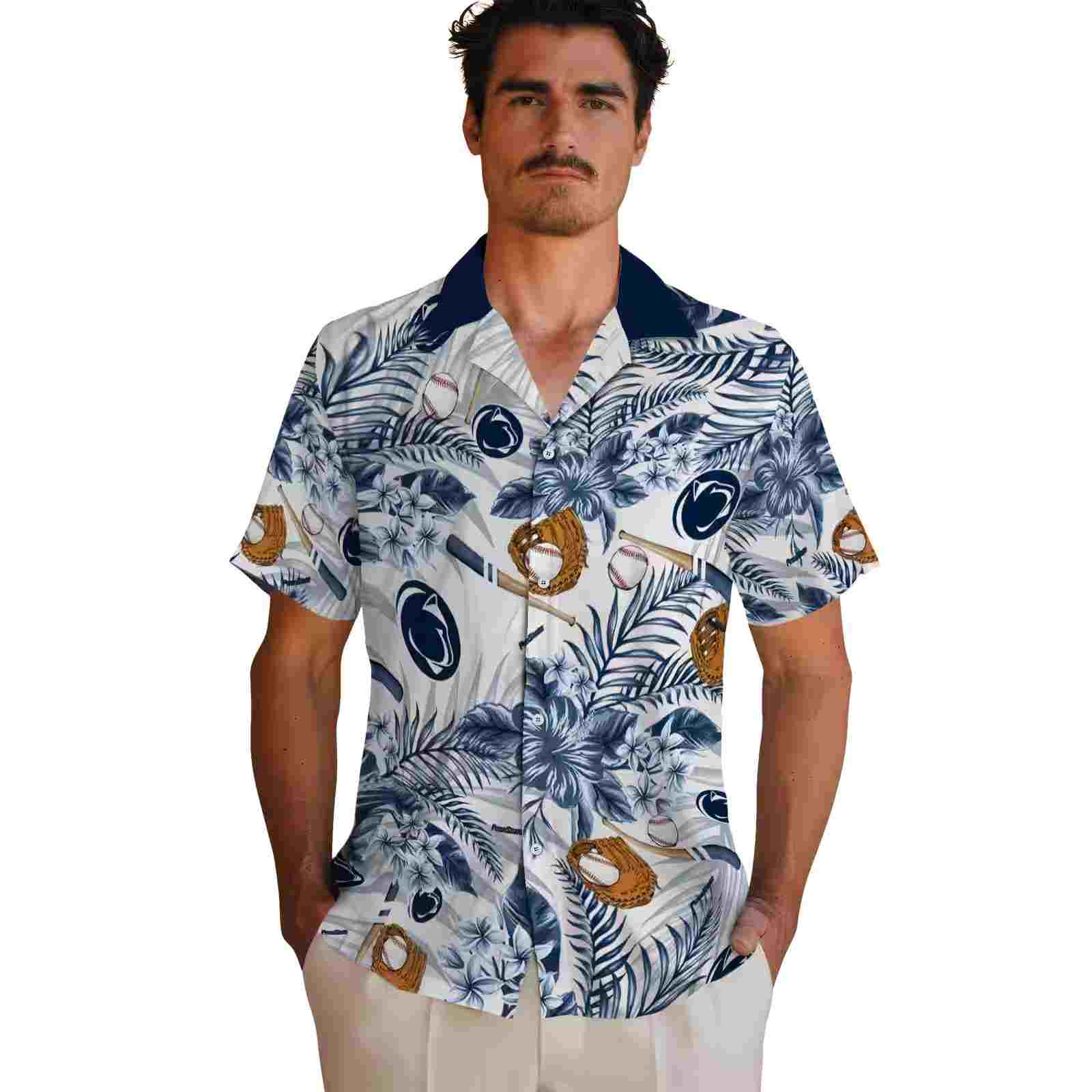 customized penn state nittany lions floral baseball blue white hawaiian shirt fashion forward