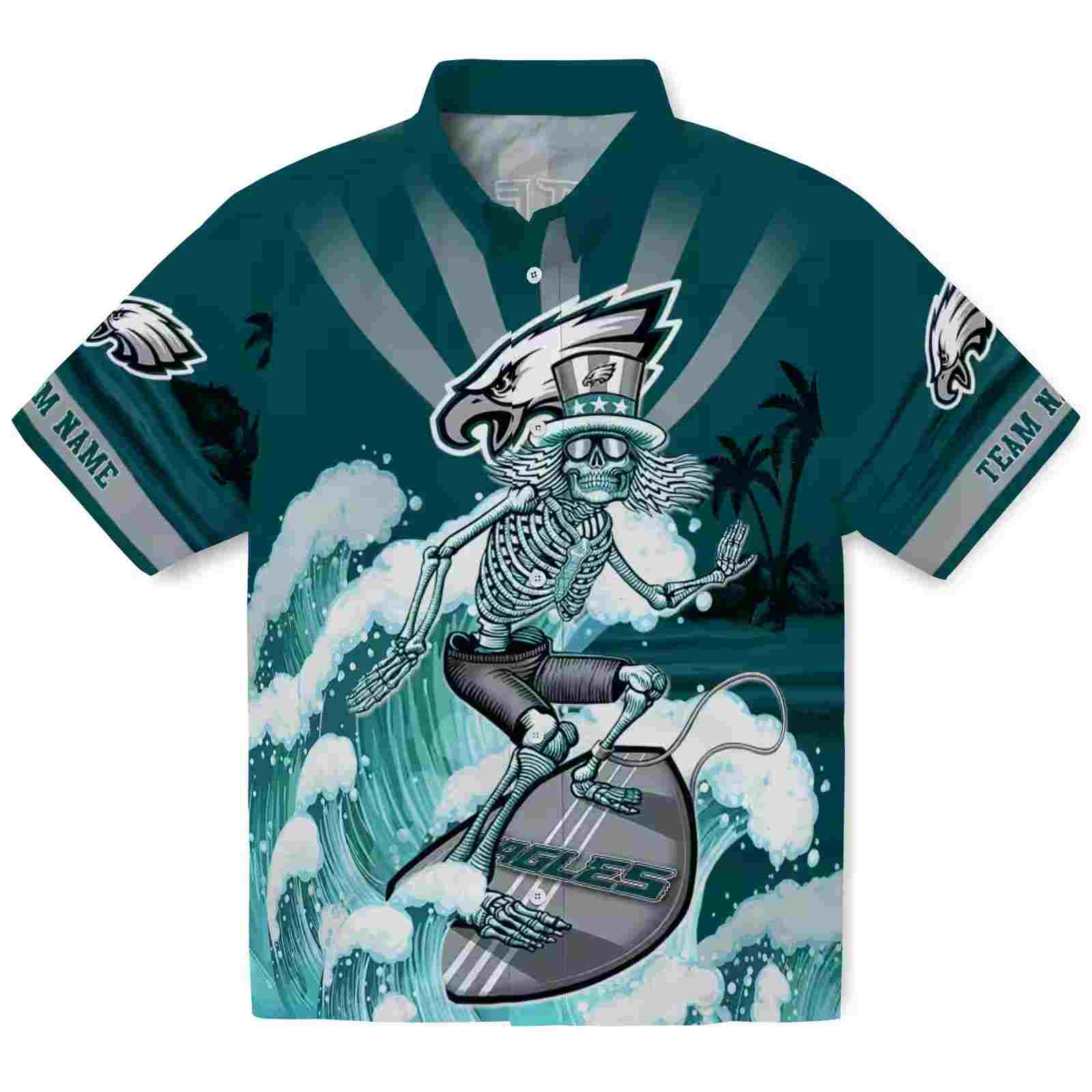 Customized Philadelphia Eagles Surfing Skeleton Green Blue Hawaiian Shirt