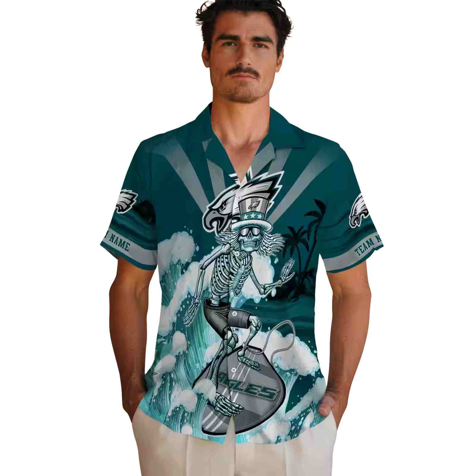 customized philadelphia eagles surfing skeleton green blue hawaiian shirt fashion forward