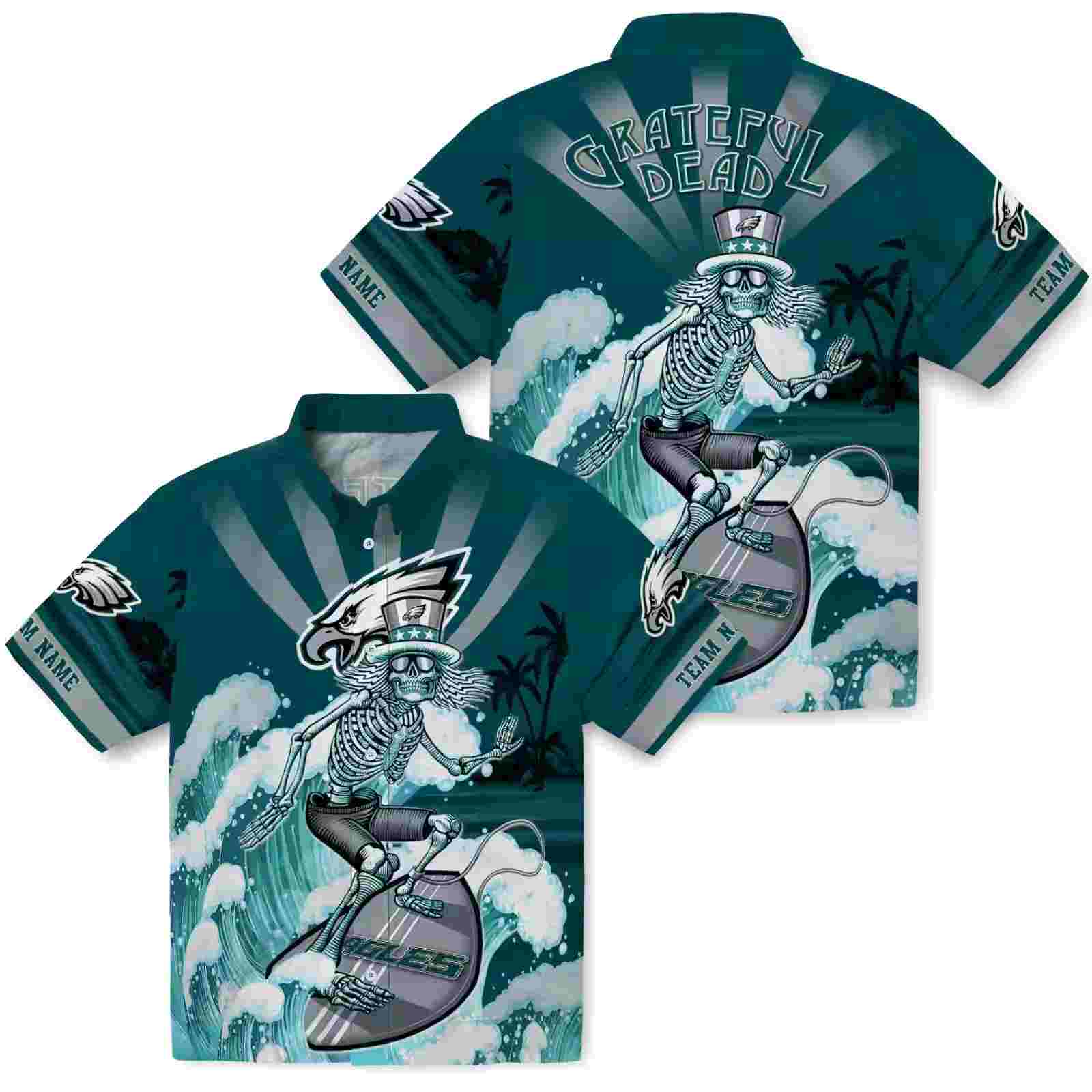 customized philadelphia eagles surfing skeleton green blue hawaiian shirt high quality