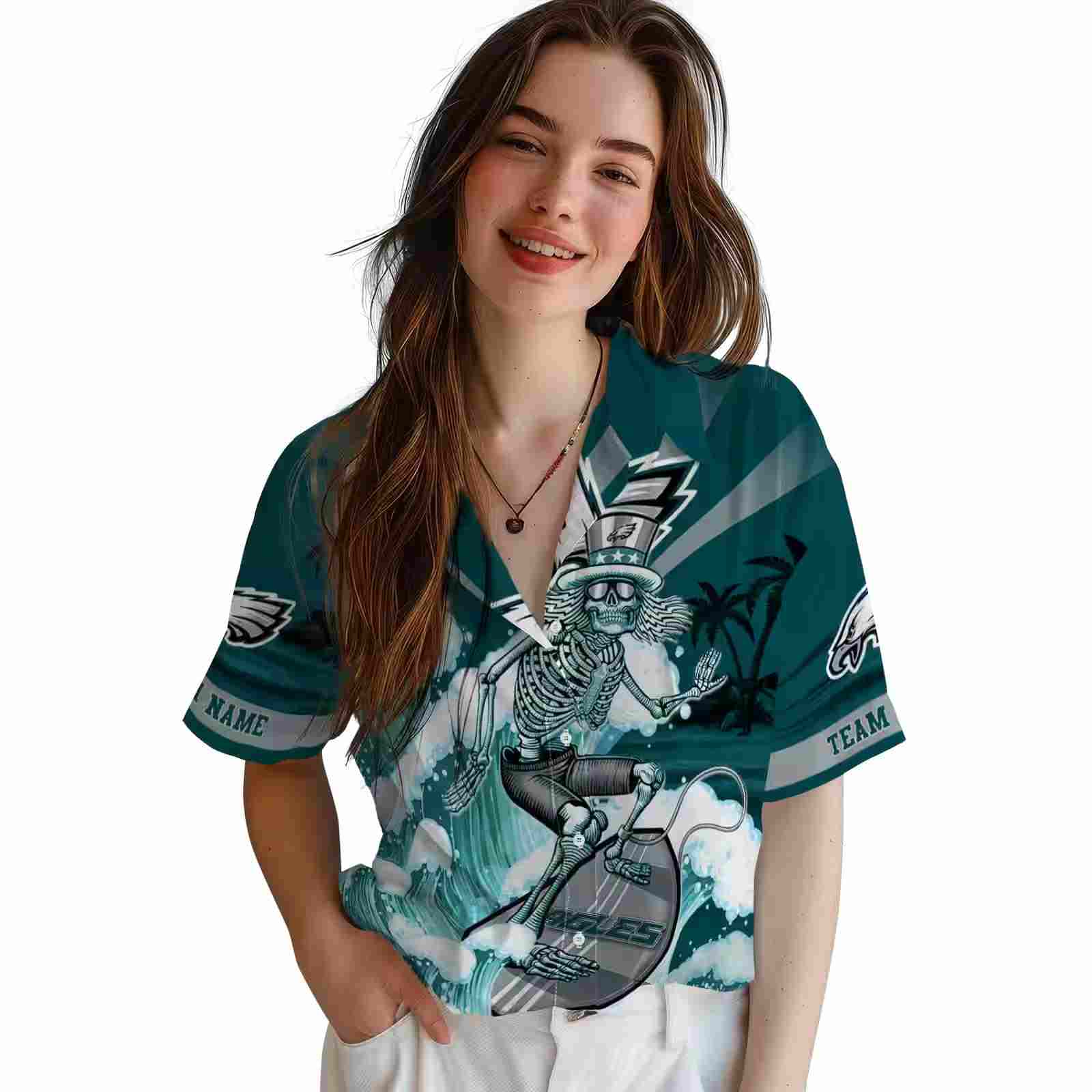 customized philadelphia eagles surfing skeleton green blue hawaiian shirt latest model