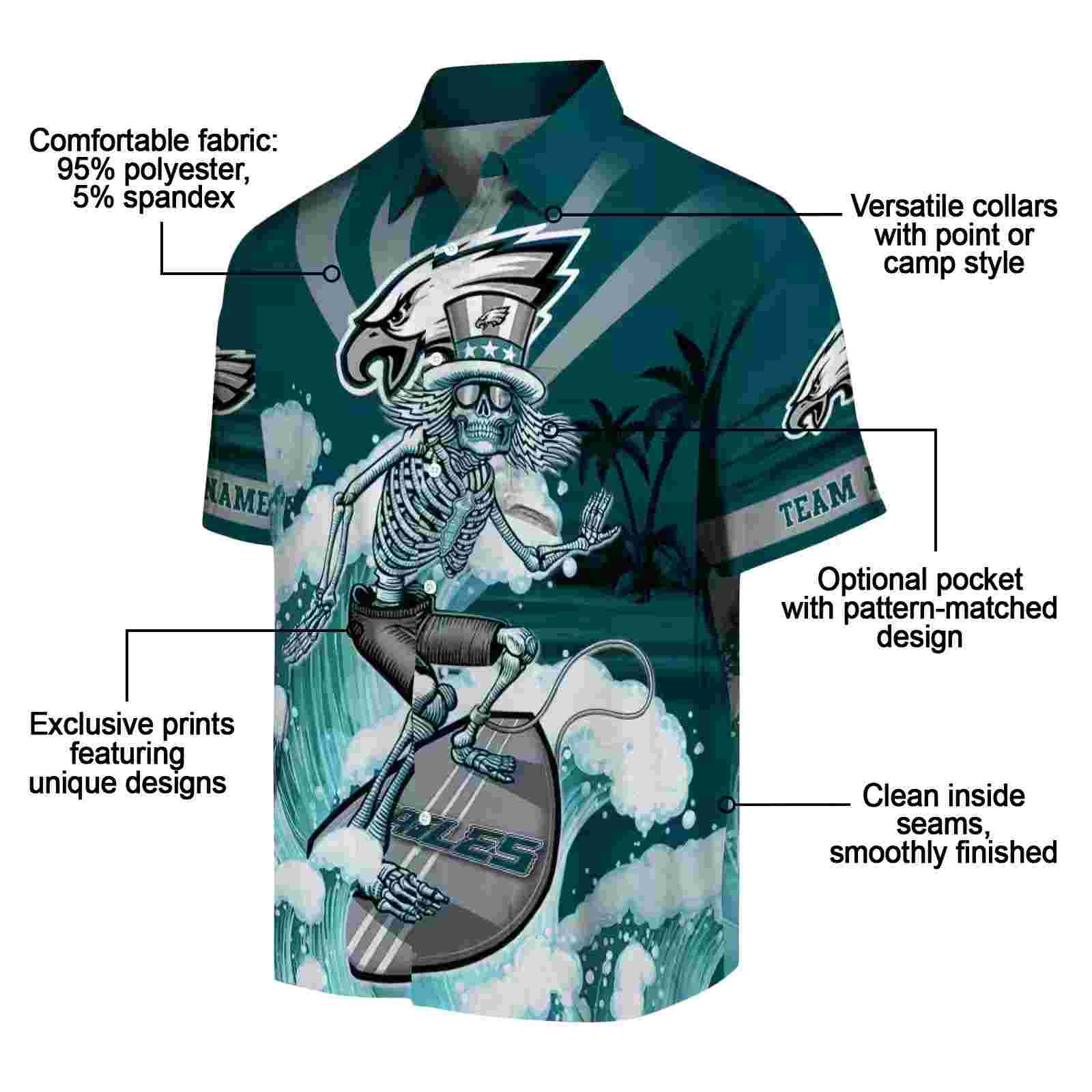 customized philadelphia eagles surfing skeleton green blue hawaiian shirt new arrival