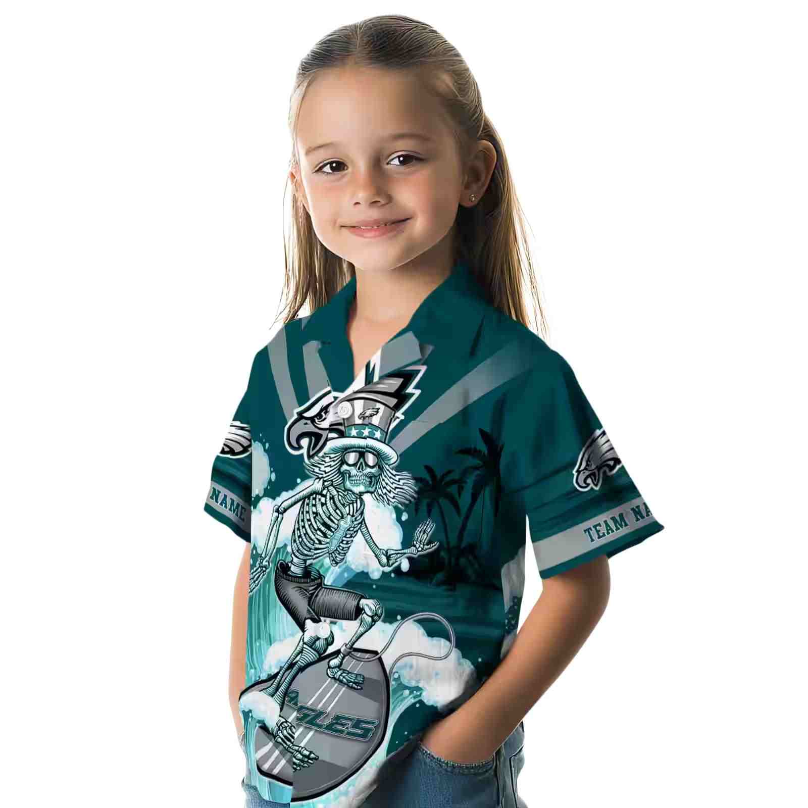 customized philadelphia eagles surfing skeleton green blue hawaiian shirt premium grade