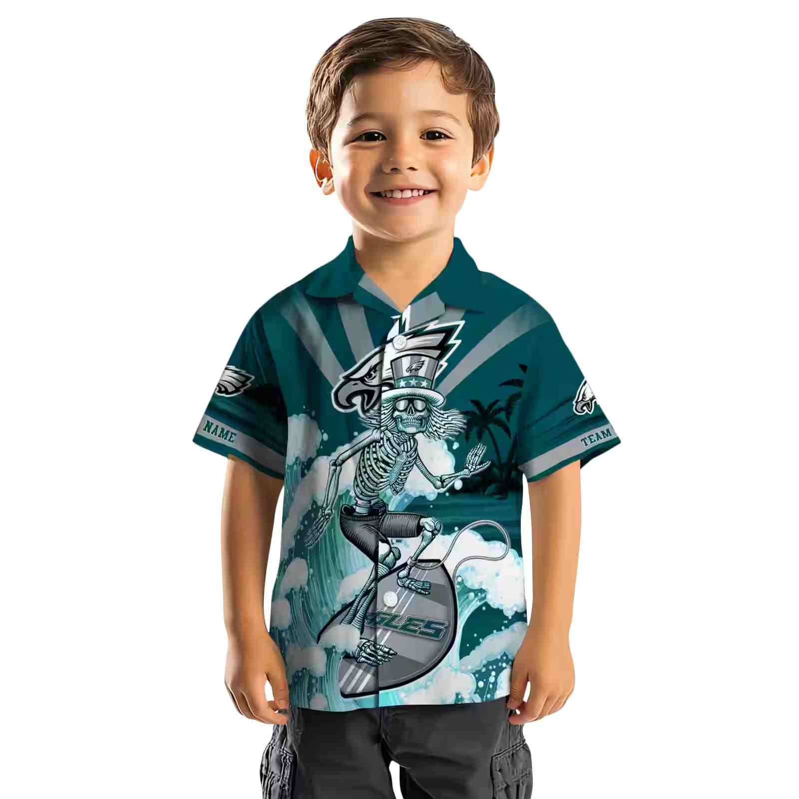 customized philadelphia eagles surfing skeleton green blue hawaiian shirt top rated