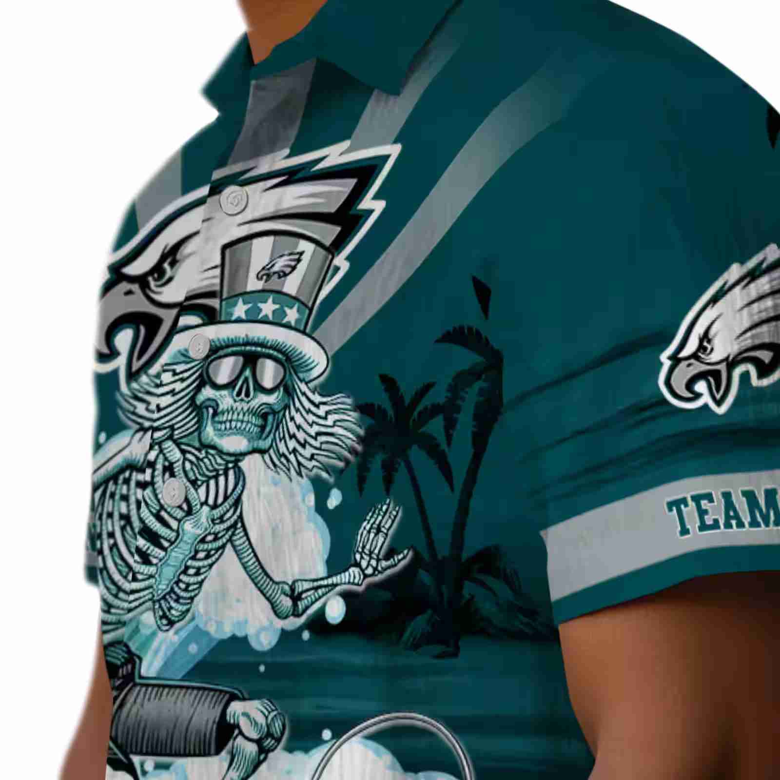 customized philadelphia eagles surfing skeleton green blue hawaiian shirt trendy